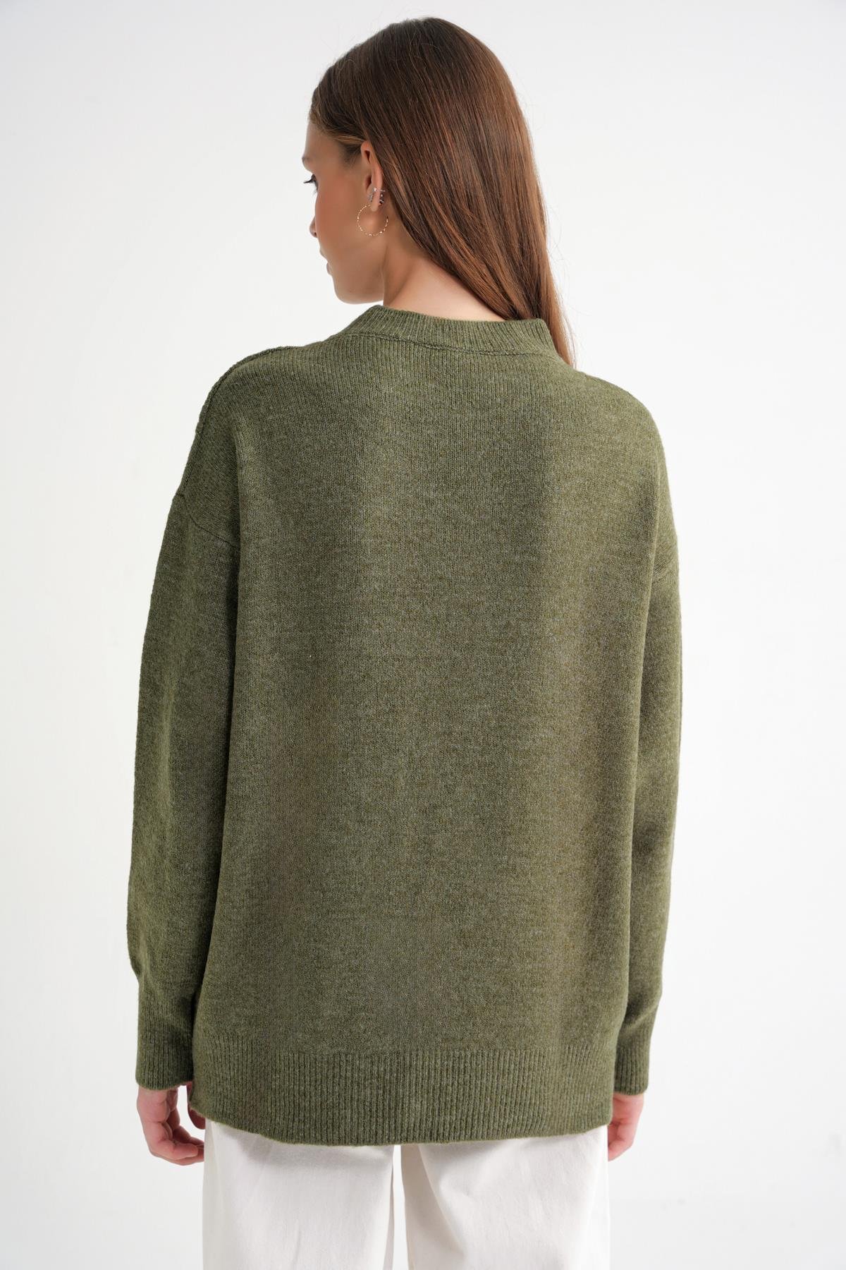 6946 Kadın Oversize Bisiklet Yaka Kurdeleli Triko Kazak Haki