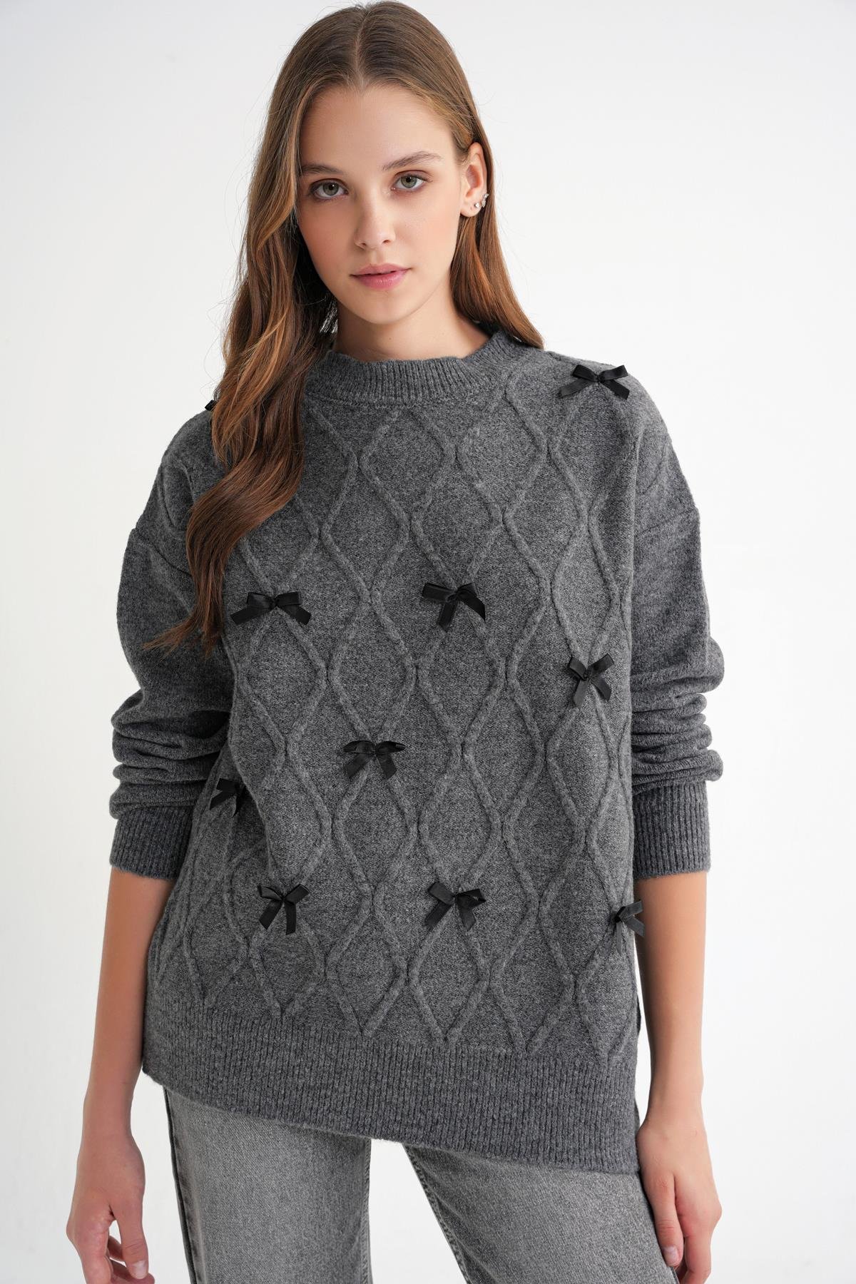 6946 Kadın Oversize Bisiklet Yaka Kurdeleli Triko Kazak Antrasit