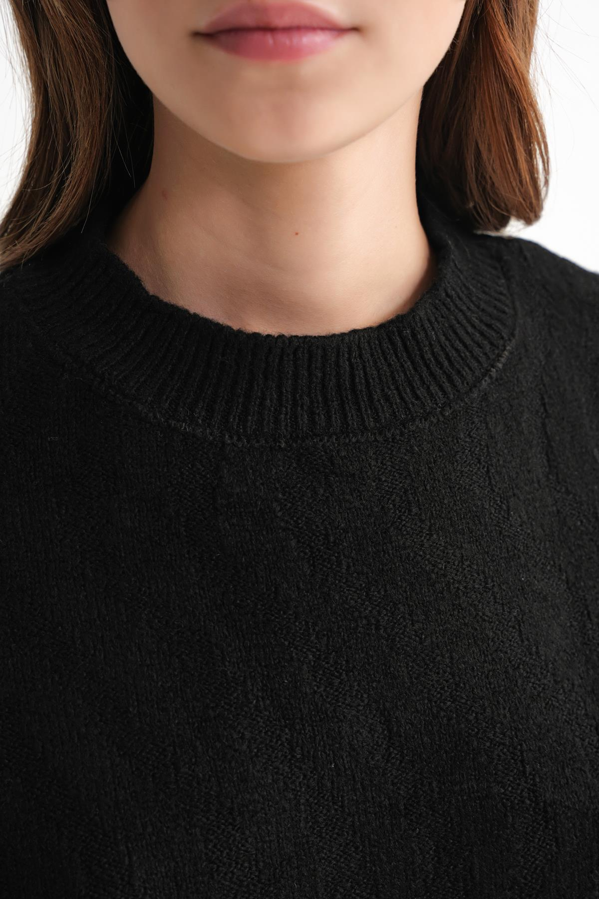 6947 Kadın Kendinden Desenli Oversize Triko Kazak Siyah