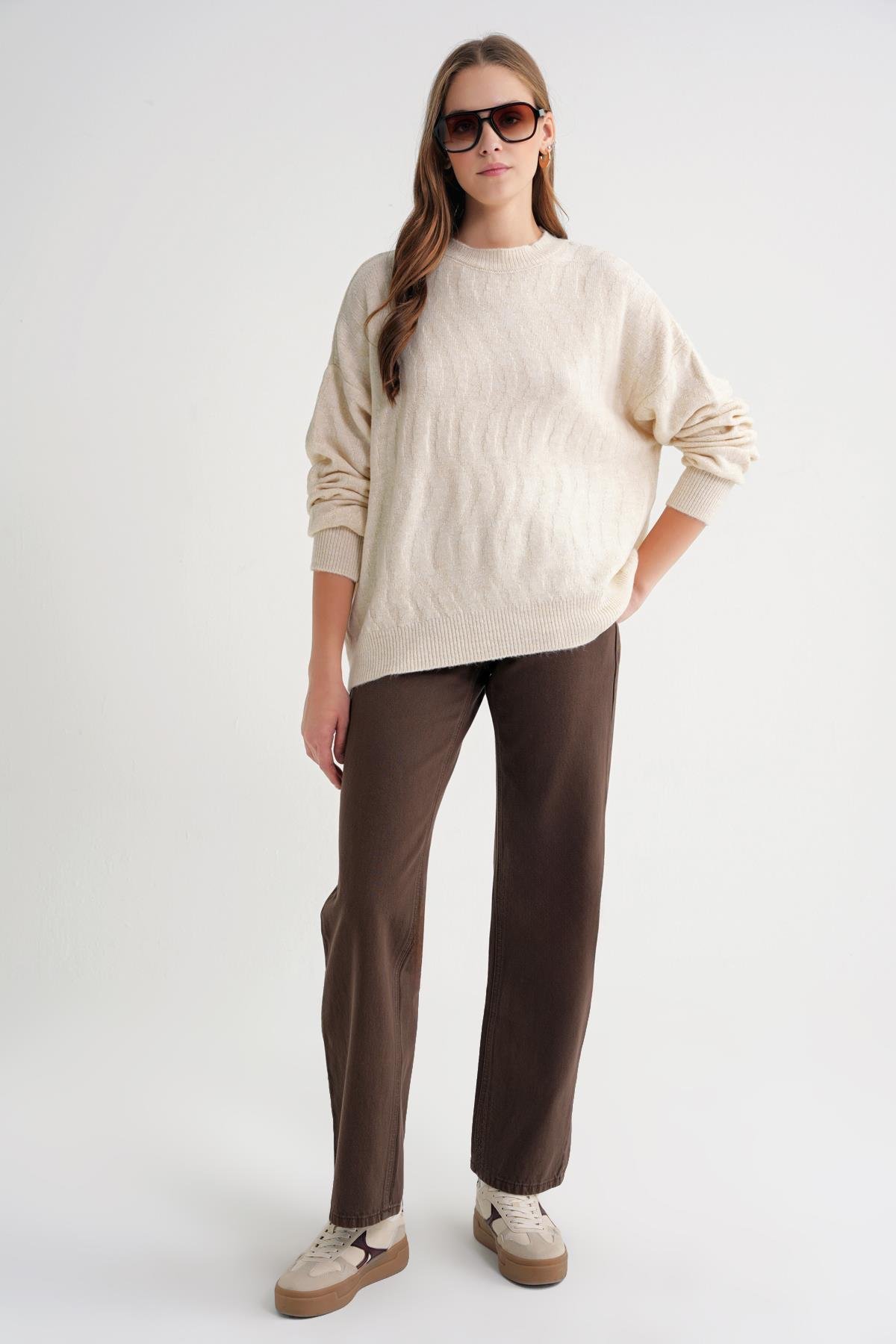 6947 Kadın Kendinden Desenli Oversize Triko Kazak Naturel