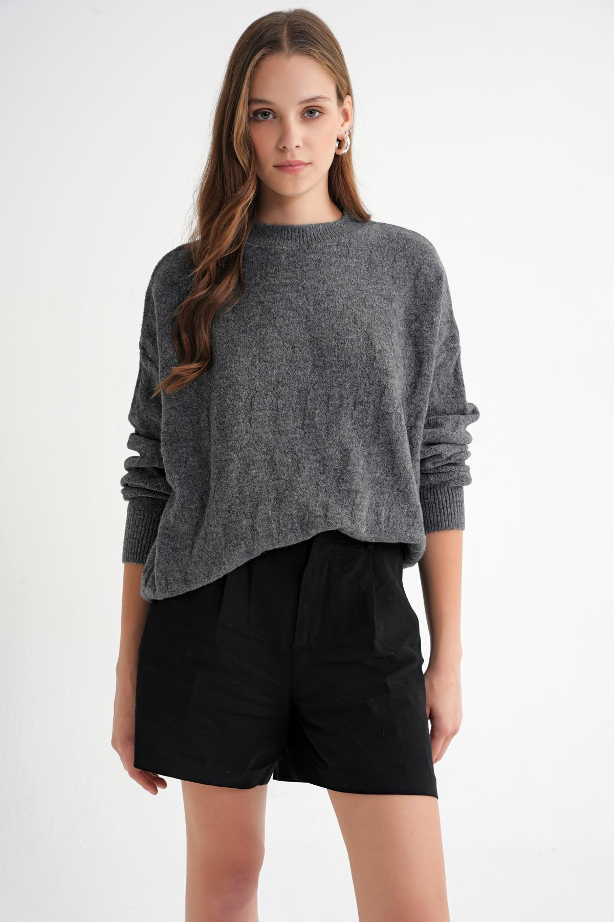 6947 Kadın Kendinden Desenli Oversize Triko Kazak Antrasit