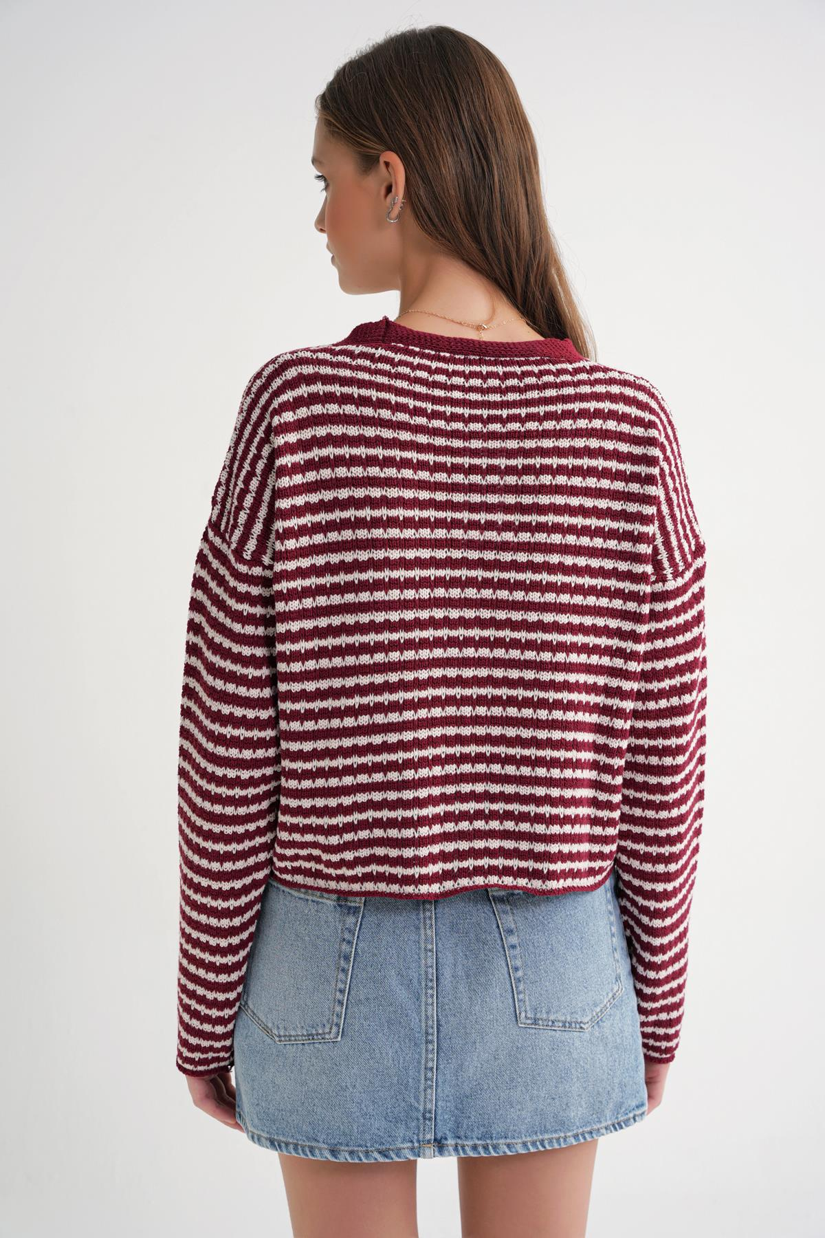 6948 Kadın V Yaka İnce Çizgili Triko Hırka Bordo