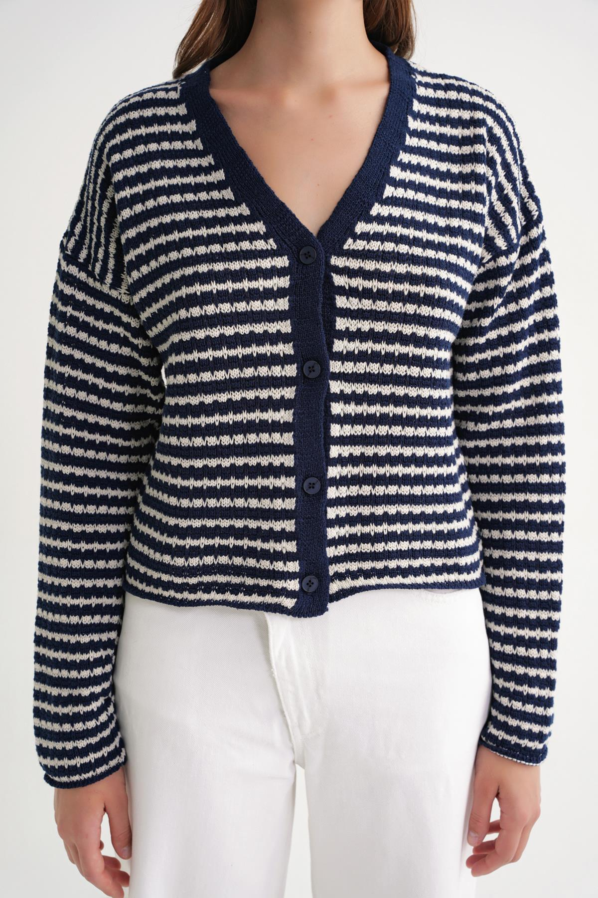 6948 Kadın V Yaka İnce Çizgili Triko Hırka Lacivert