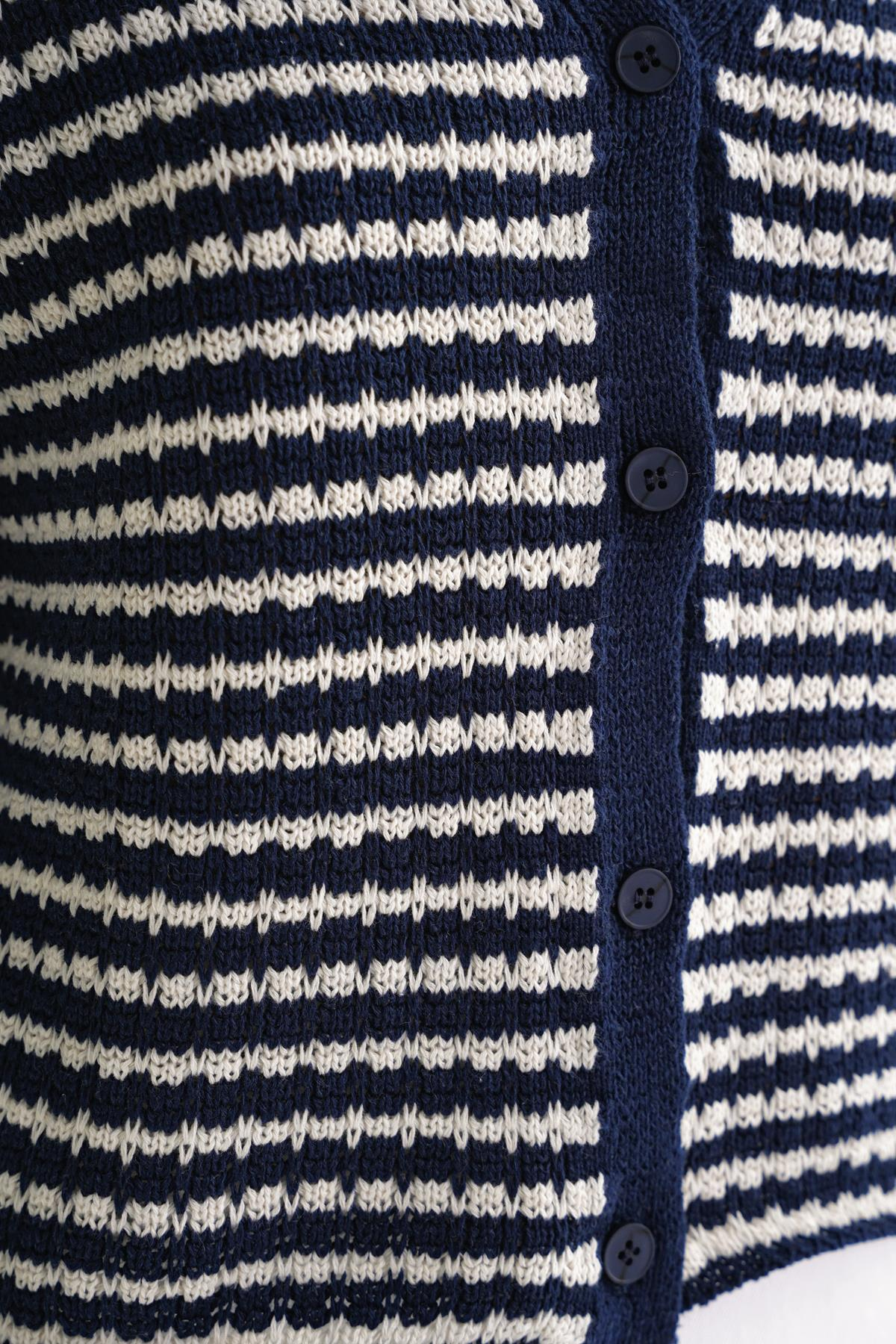 6948 Kadın V Yaka İnce Çizgili Triko Hırka Lacivert