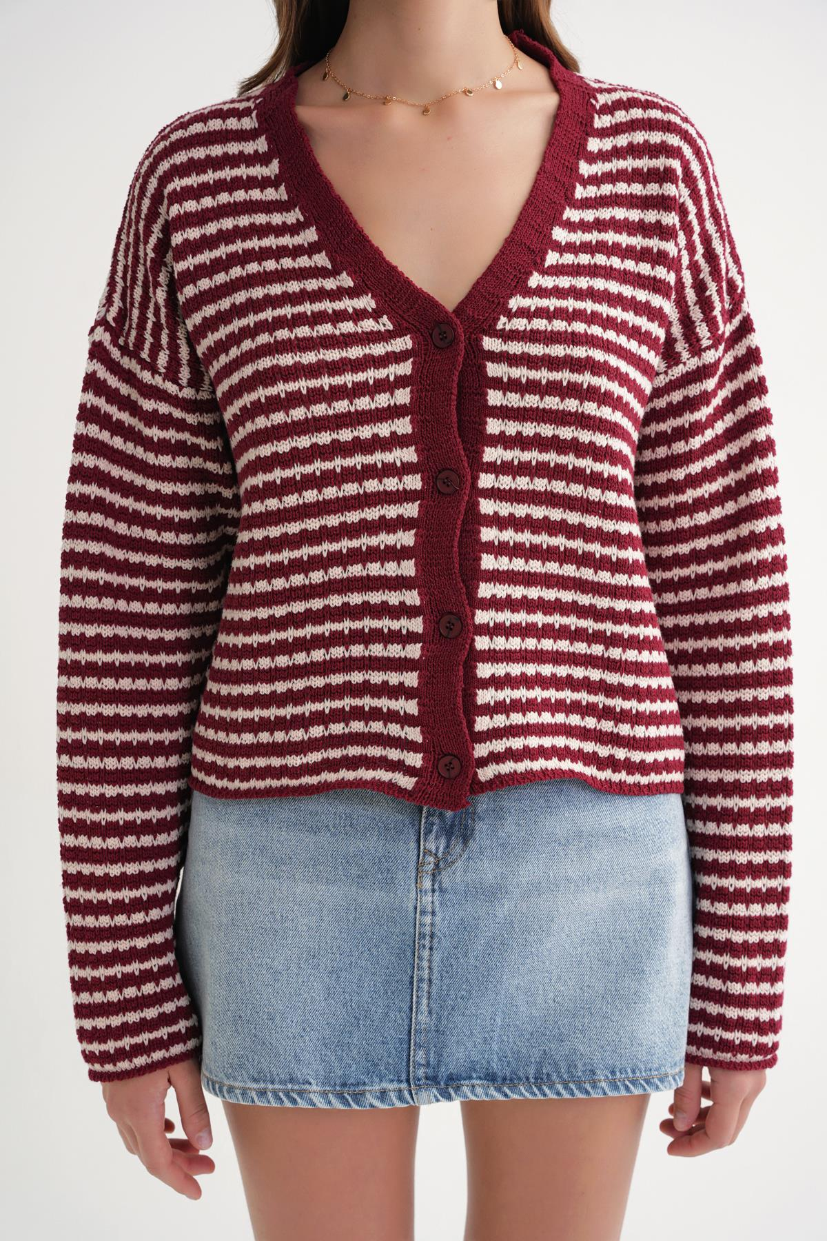 6948 Kadın V Yaka İnce Çizgili Triko Hırka Bordo