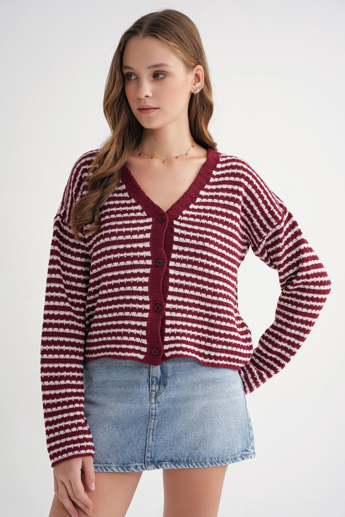 6948 Kadın V Yaka İnce Çizgili Triko Hırka Bordo