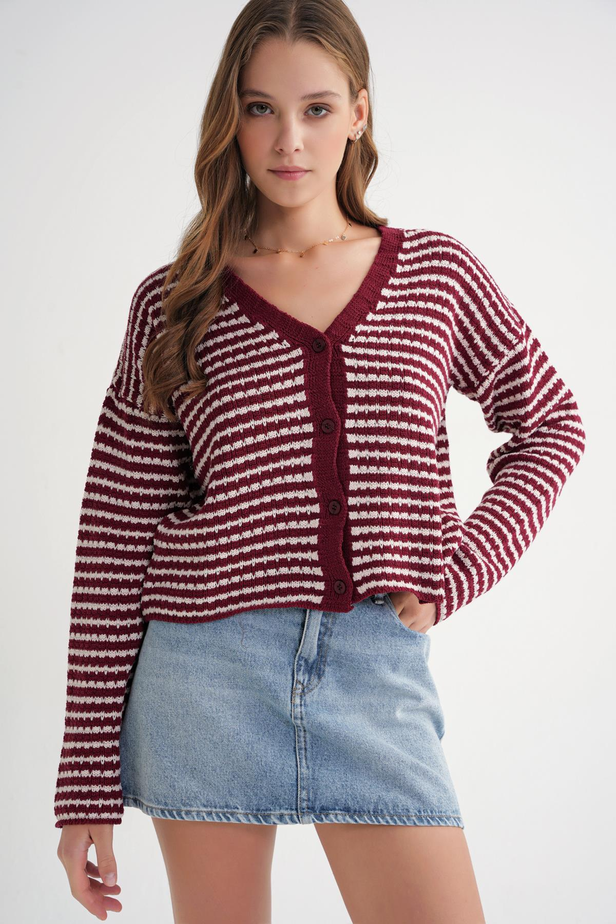 6948 Kadın V Yaka İnce Çizgili Triko Hırka Bordo