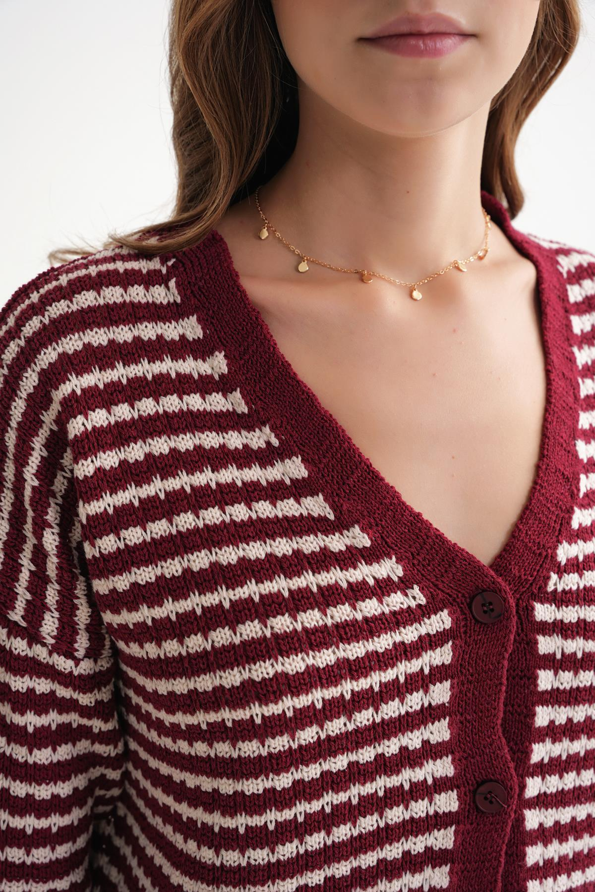 6948 Kadın V Yaka İnce Çizgili Triko Hırka Bordo