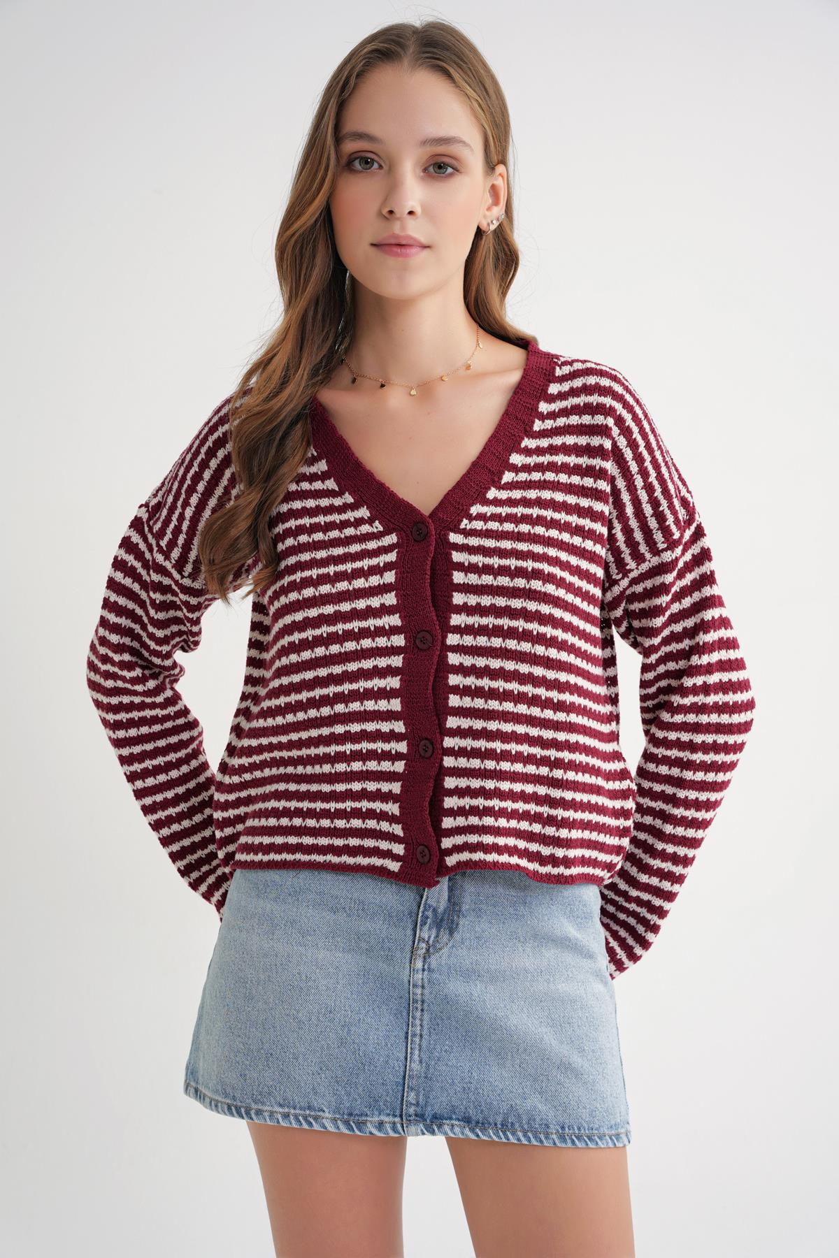 6948 Kadın V Yaka İnce Çizgili Triko Hırka Bordo