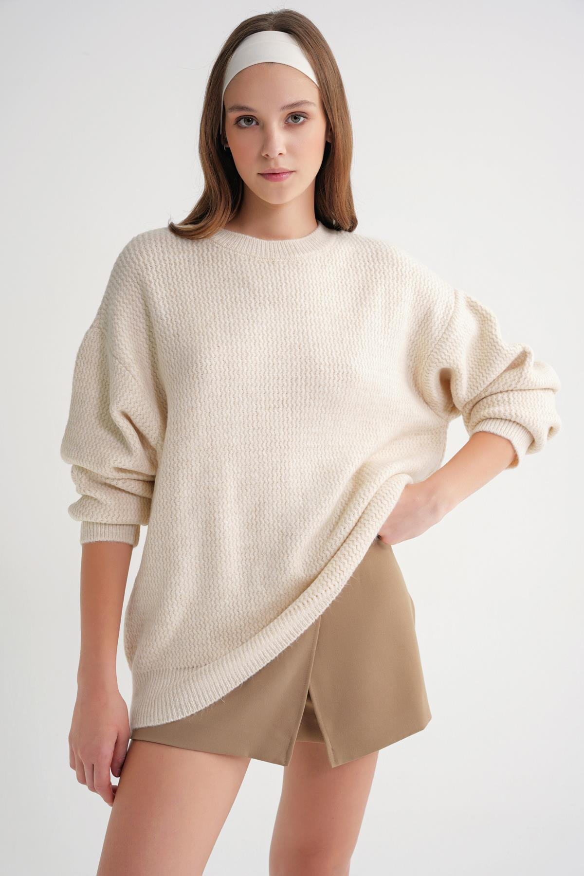 6949 Kadın Bisiklet Yaka İnce Örgülü Triko Kazak Naturel