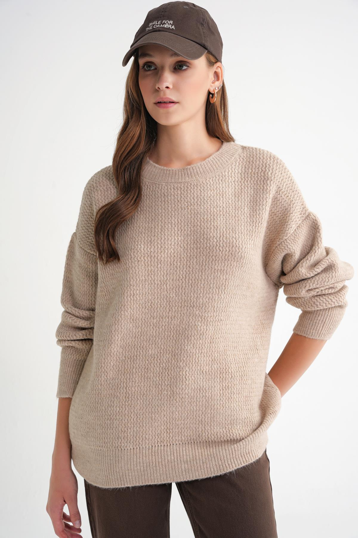 6949 Kadın Bisiklet Yaka İnce Örgülü Triko Kazak Bej