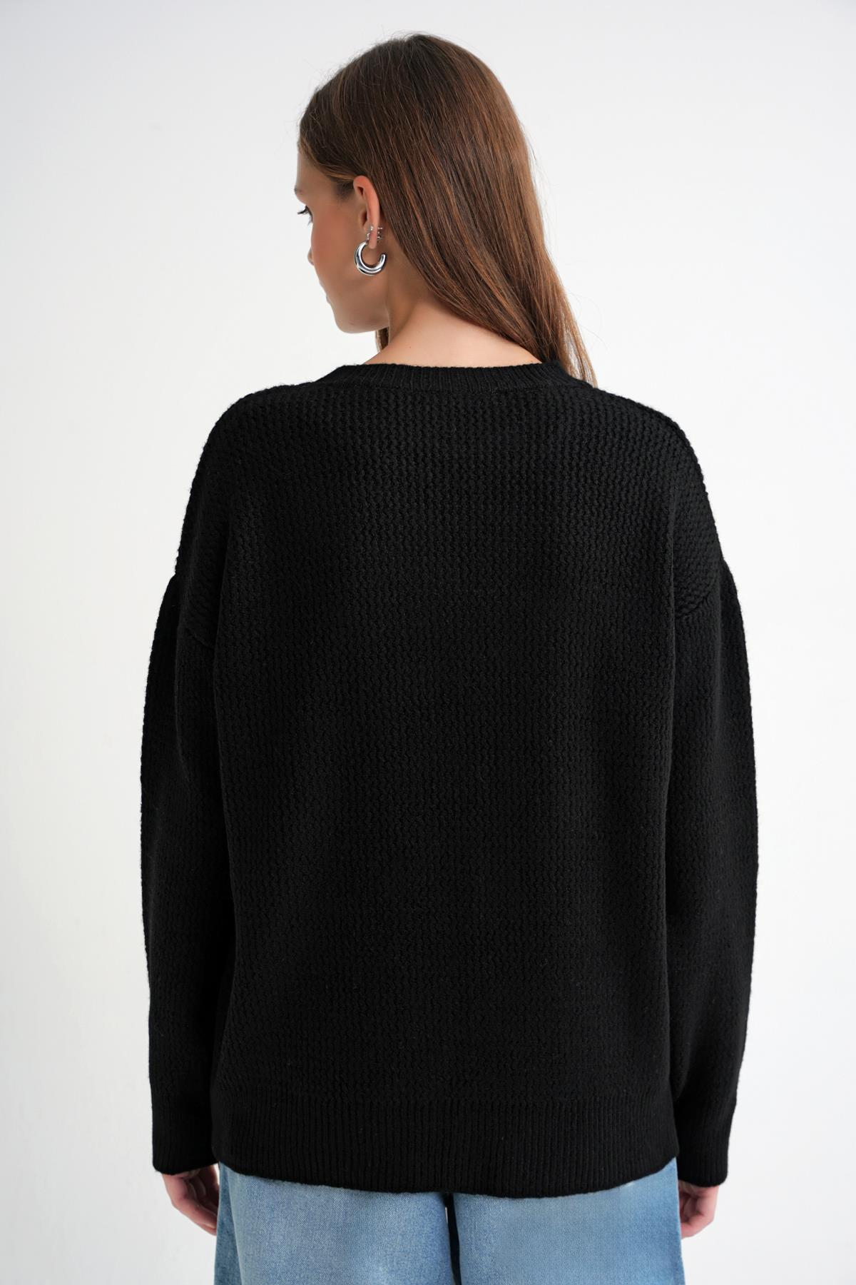 6949 Kadın Bisiklet Yaka İnce Örgülü Triko Kazak Siyah