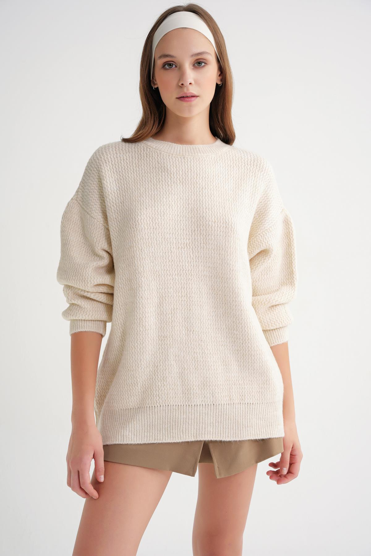 6949 Kadın Bisiklet Yaka İnce Örgülü Triko Kazak Naturel