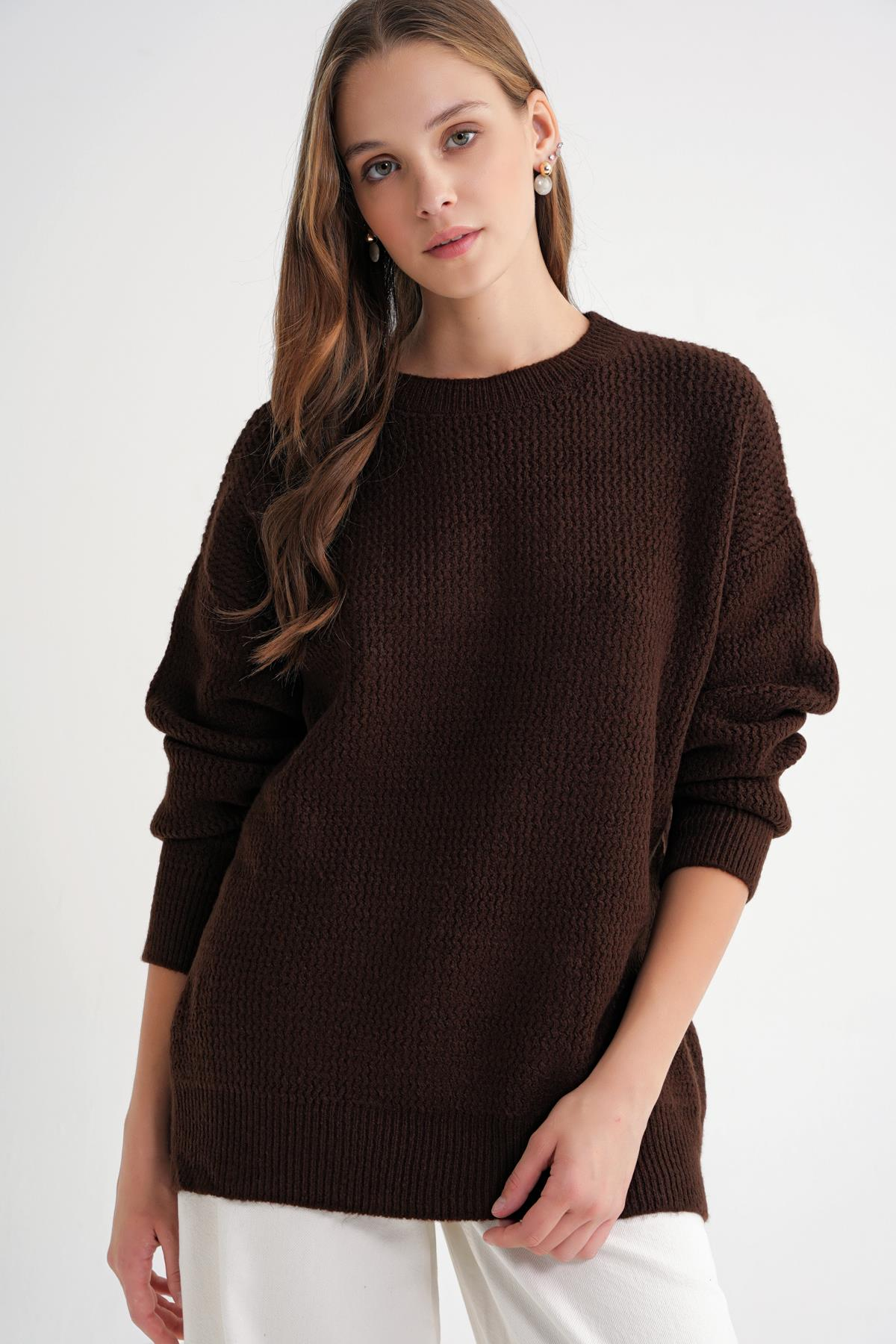 6949 Kadın Bisiklet Yaka İnce Örgülü Triko Kazak Kahve