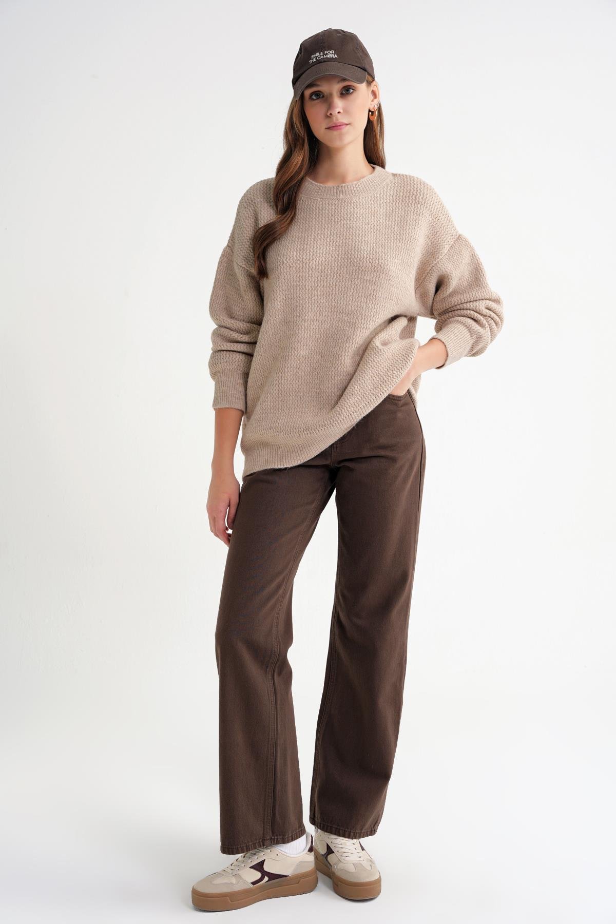 6949 Kadın Bisiklet Yaka İnce Örgülü Triko Kazak Bej