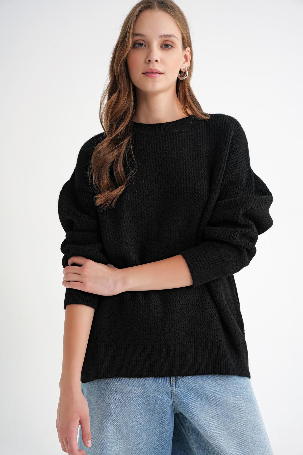 6949 Kadın Bisiklet Yaka İnce Örgülü Triko Kazak Siyah