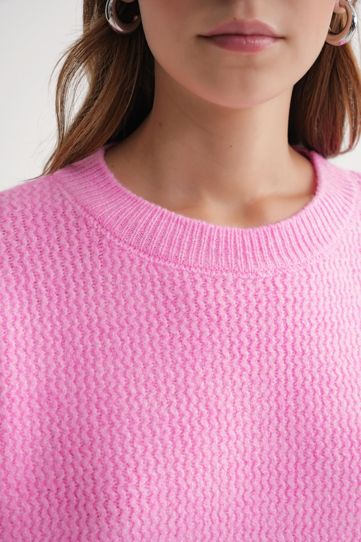 6949 Kadın Bisiklet Yaka İnce Örgülü Triko Kazak Pembe