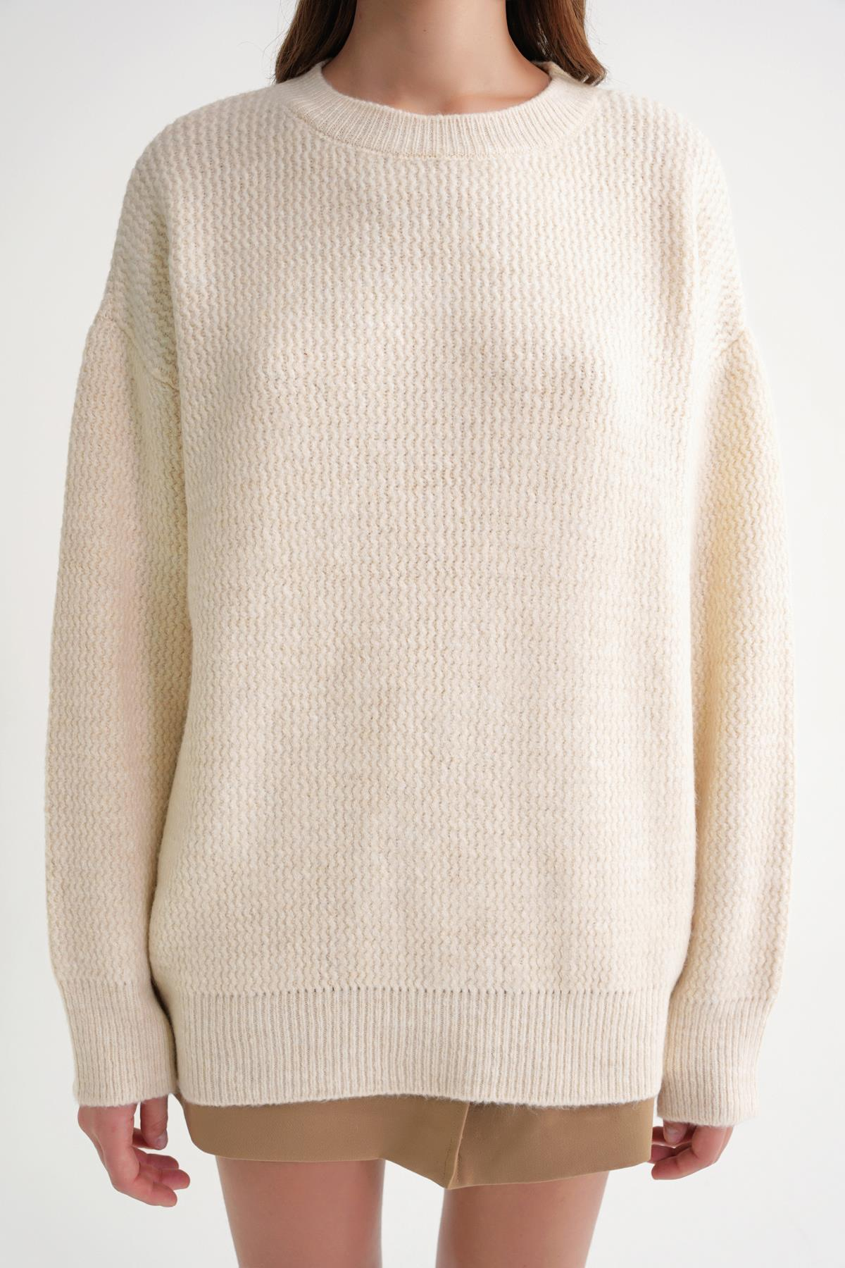 6949 Kadın Bisiklet Yaka İnce Örgülü Triko Kazak Naturel