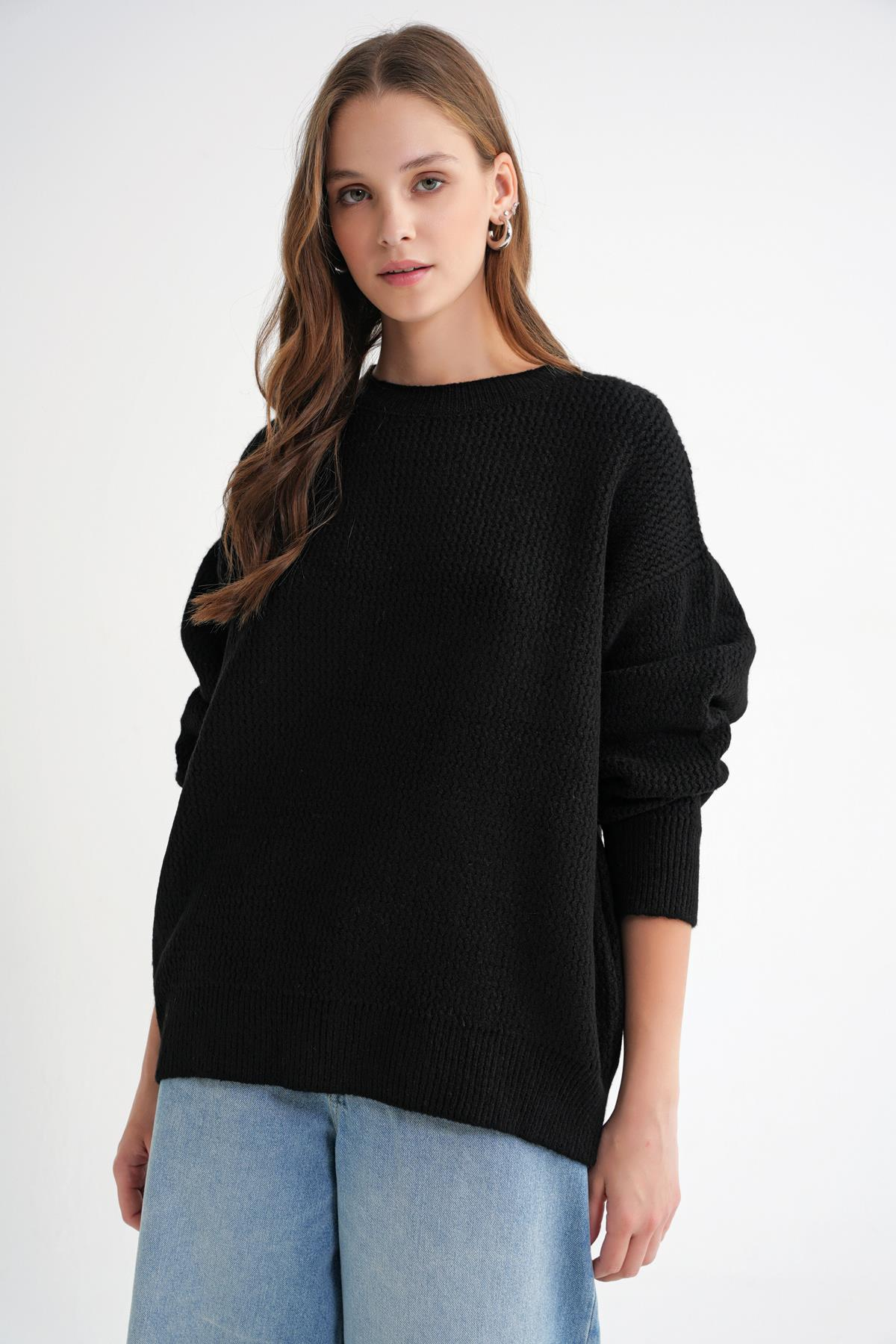 6949 Kadın Bisiklet Yaka İnce Örgülü Triko Kazak Siyah