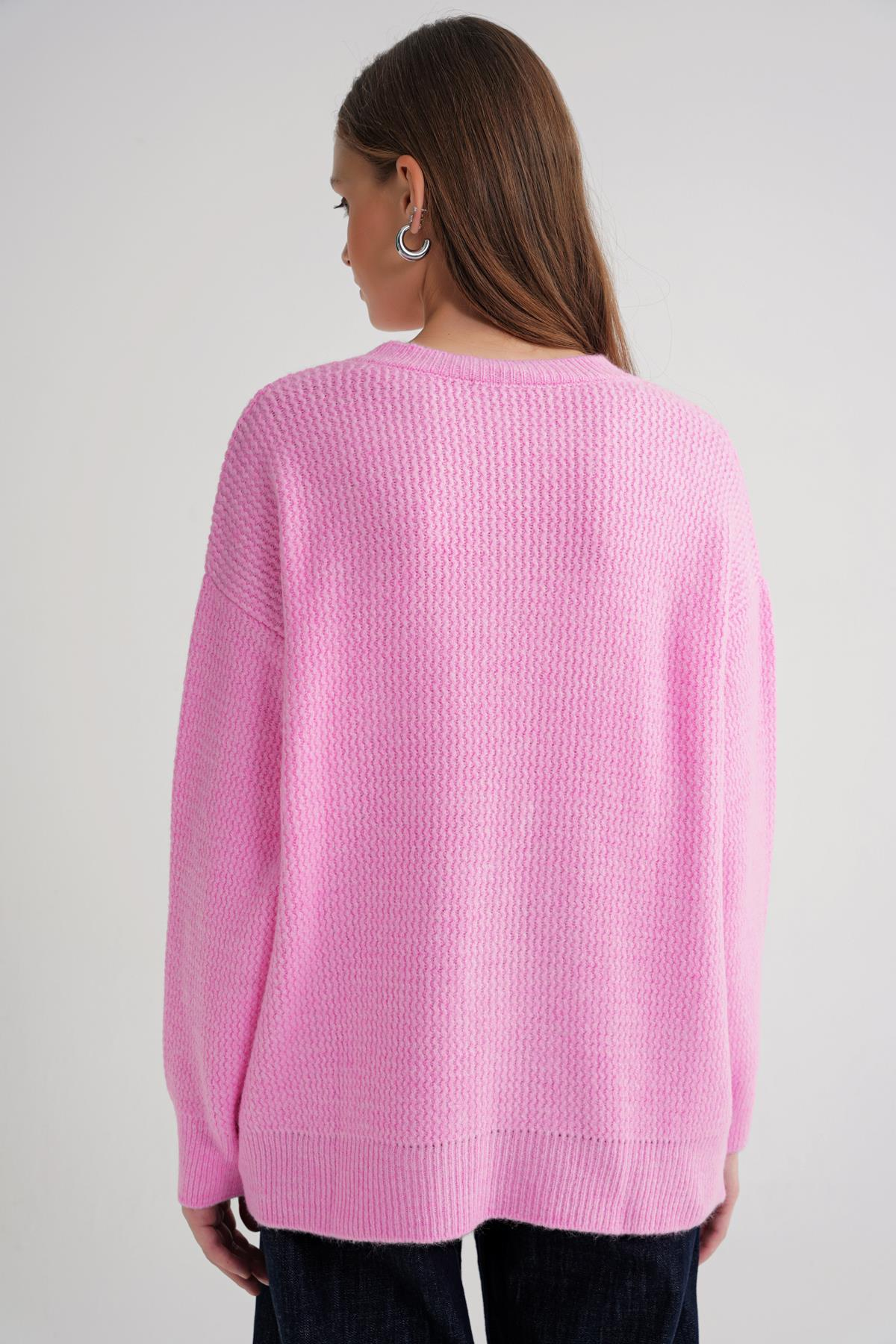 6949 Kadın Bisiklet Yaka İnce Örgülü Triko Kazak Pembe