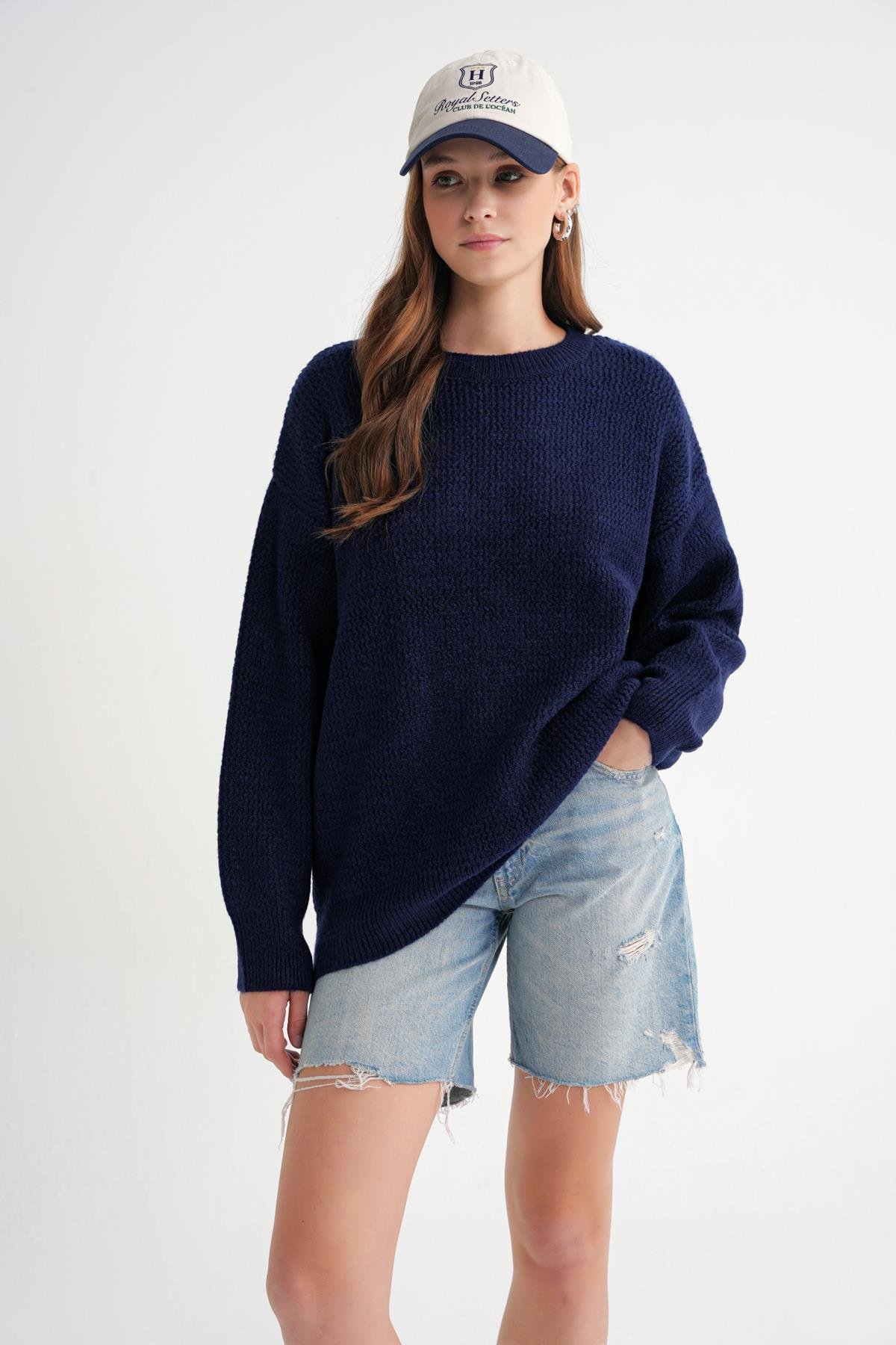 6949 Kadın Bisiklet Yaka İnce Örgülü Triko Kazak Lacivert