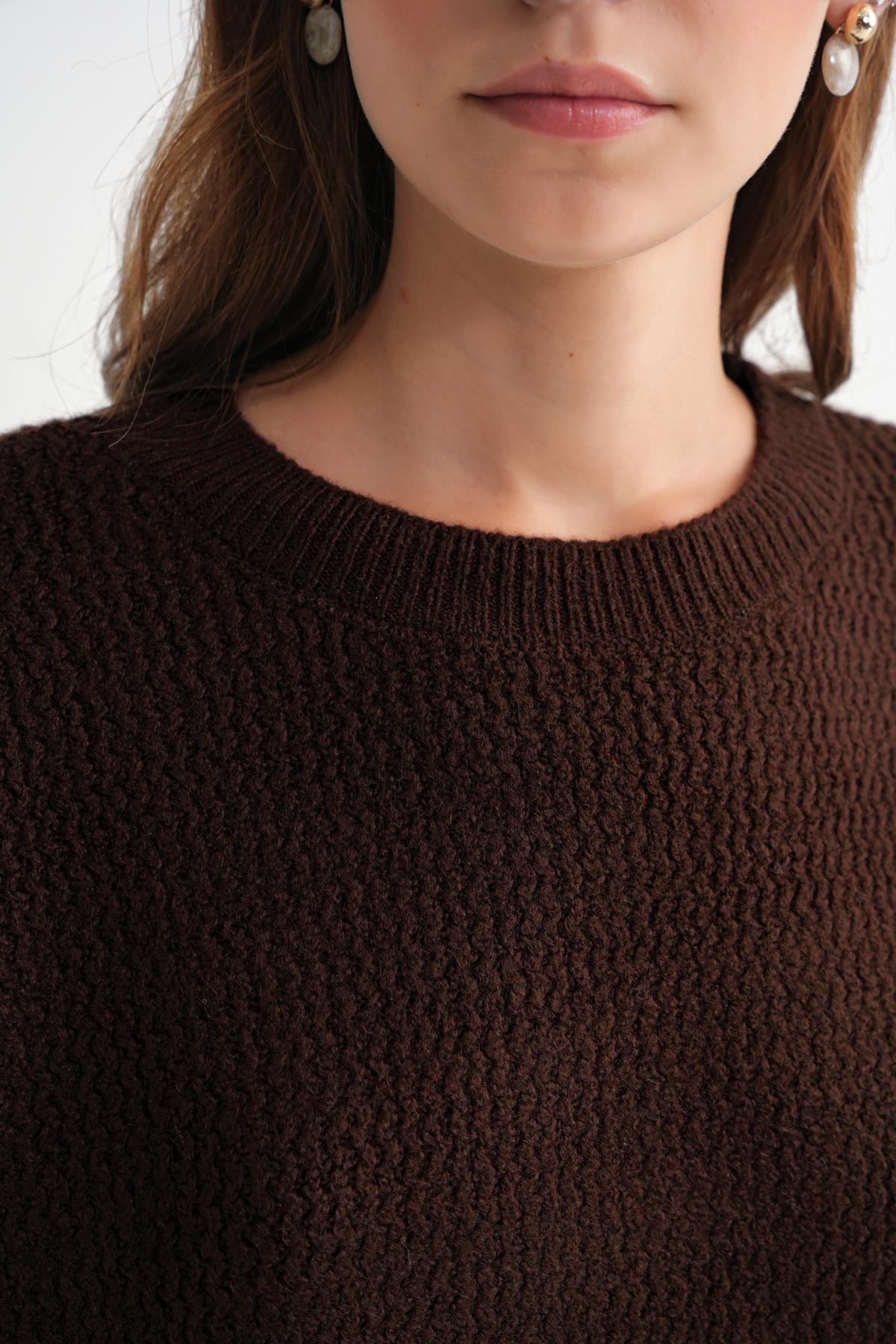 6949 Kadın Bisiklet Yaka İnce Örgülü Triko Kazak Kahve