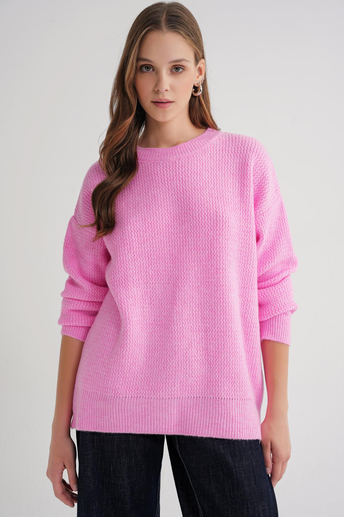 6949 Kadın Bisiklet Yaka İnce Örgülü Triko Kazak Pembe