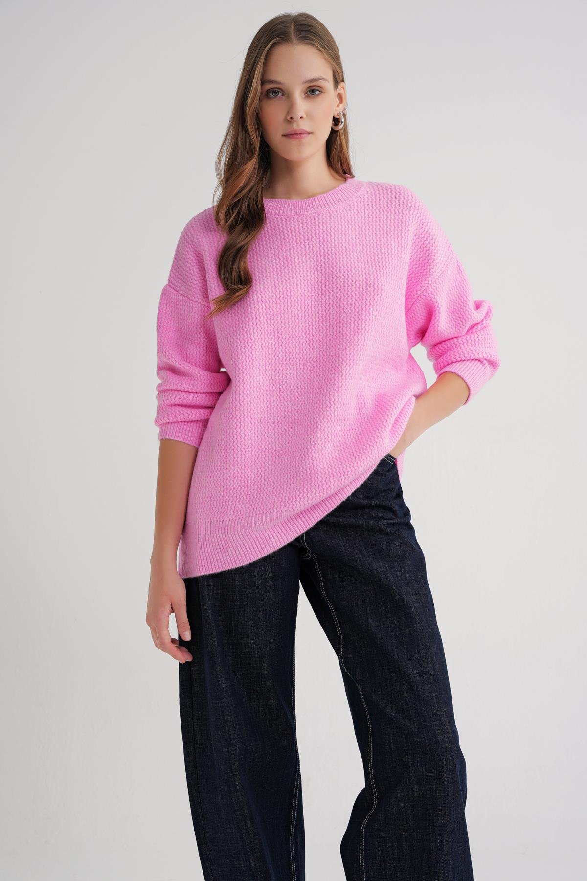 6949 Kadın Bisiklet Yaka İnce Örgülü Triko Kazak Pembe