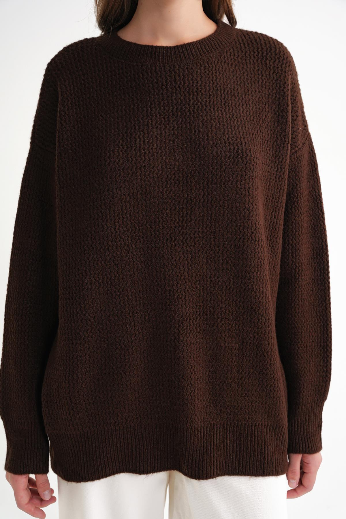 6949 Kadın Bisiklet Yaka İnce Örgülü Triko Kazak Kahve