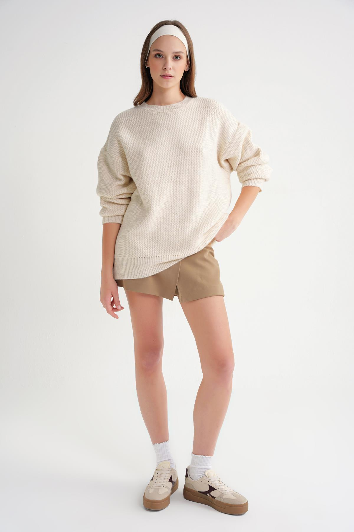 6949 Kadın Bisiklet Yaka İnce Örgülü Triko Kazak Naturel