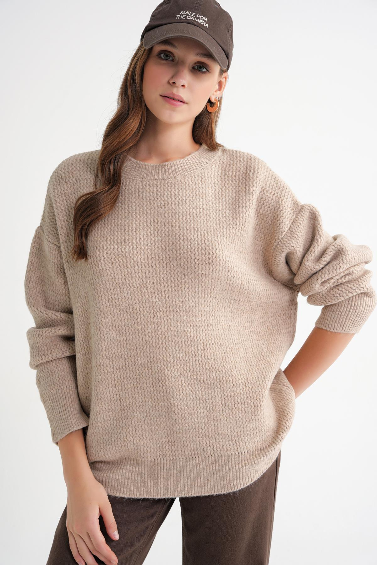 6949 Kadın Bisiklet Yaka İnce Örgülü Triko Kazak Bej