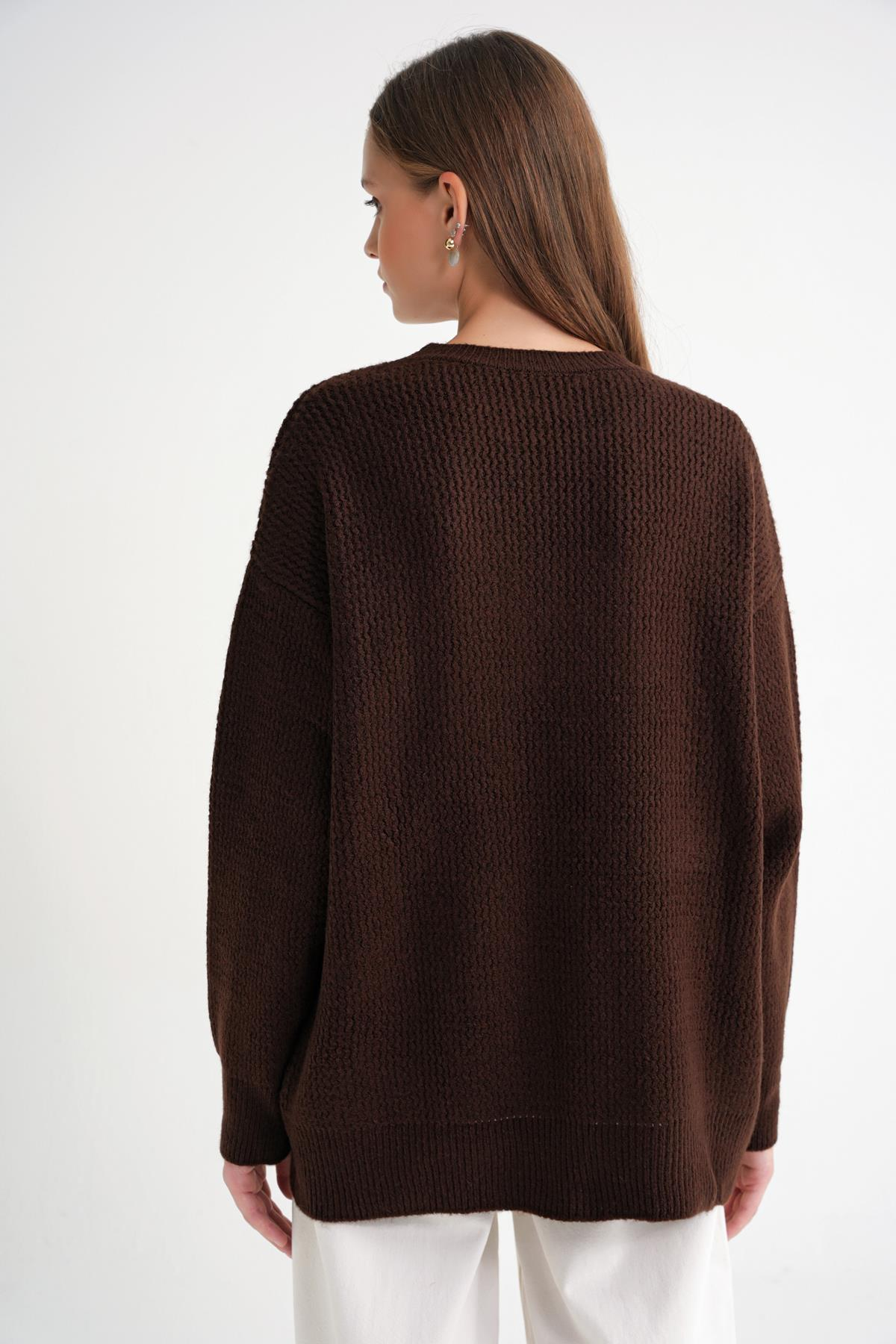 6949 Kadın Bisiklet Yaka İnce Örgülü Triko Kazak Kahve