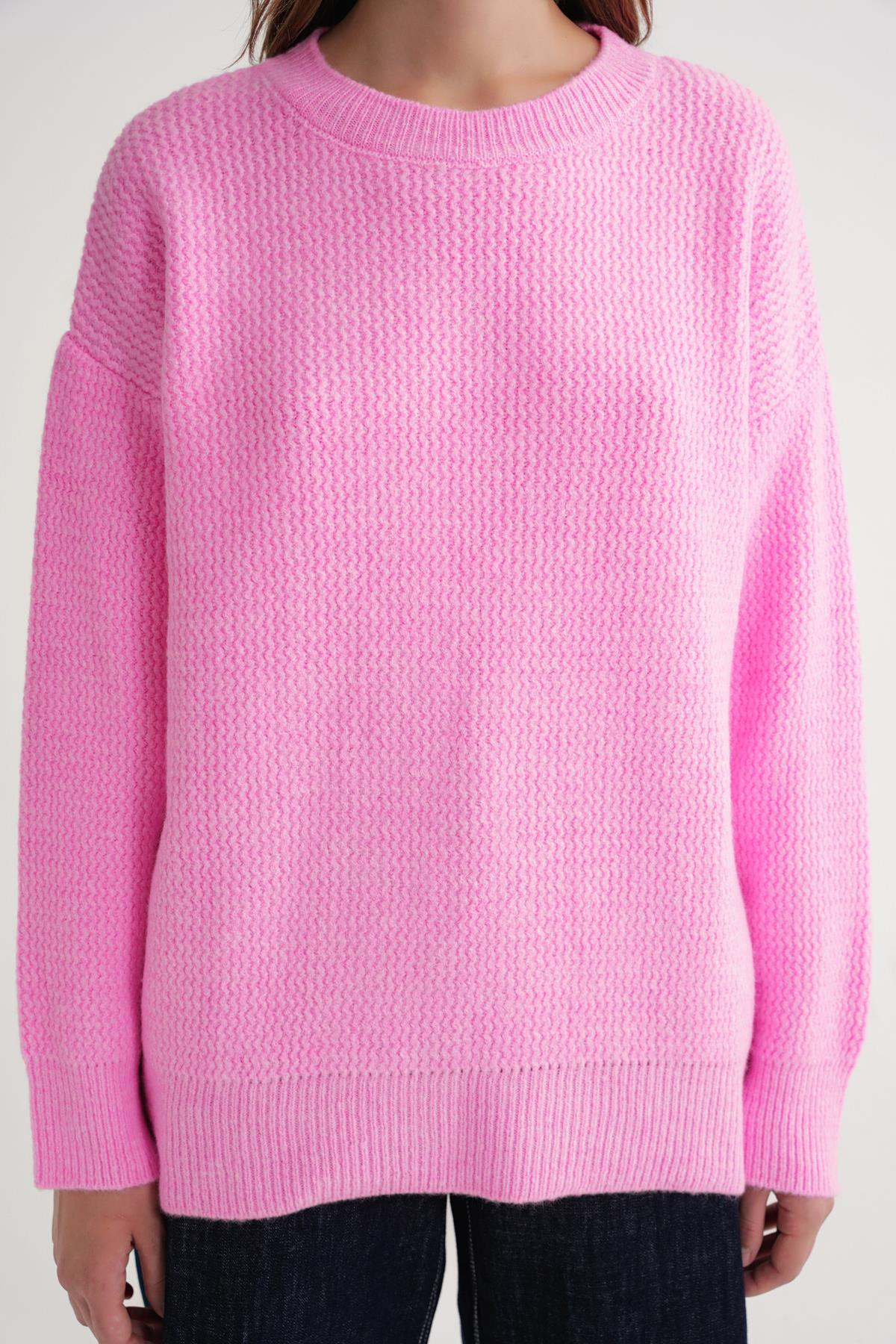 6949 Kadın Bisiklet Yaka İnce Örgülü Triko Kazak Pembe