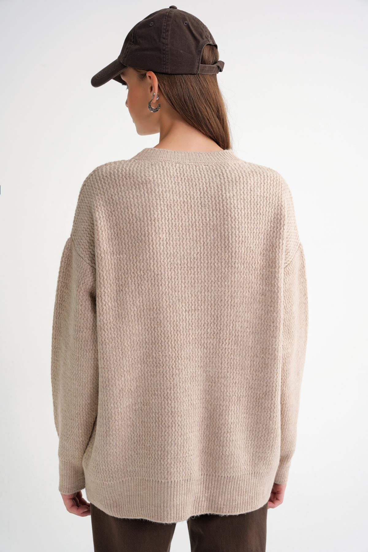 6949 Kadın Bisiklet Yaka İnce Örgülü Triko Kazak Bej