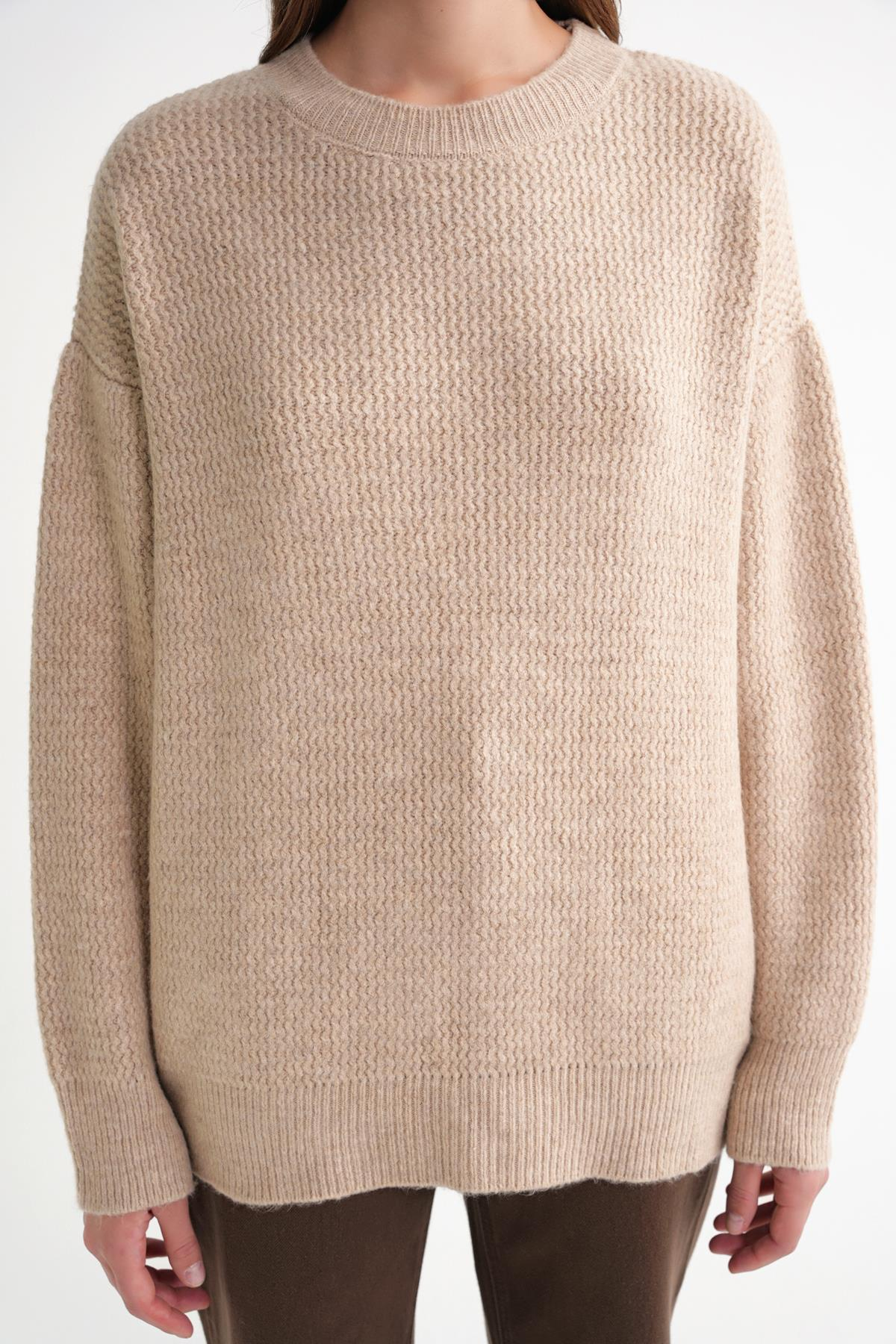 6949 Kadın Bisiklet Yaka İnce Örgülü Triko Kazak Bej