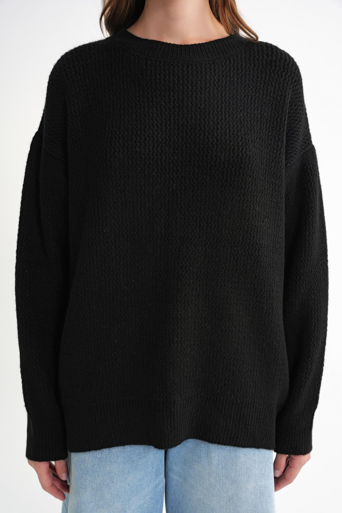 6949 Kadın Bisiklet Yaka İnce Örgülü Triko Kazak Siyah