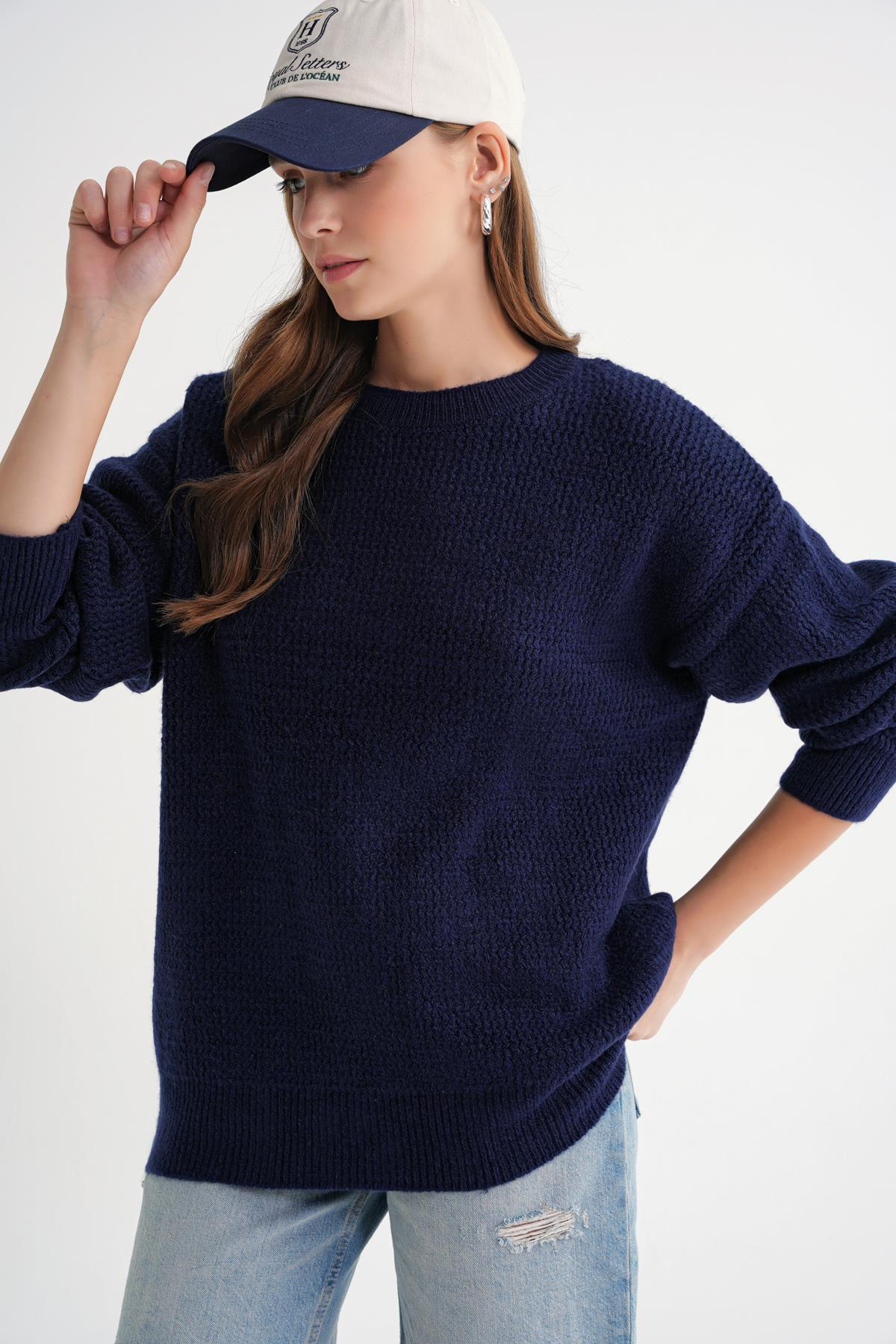 6949 Kadın Bisiklet Yaka İnce Örgülü Triko Kazak Lacivert