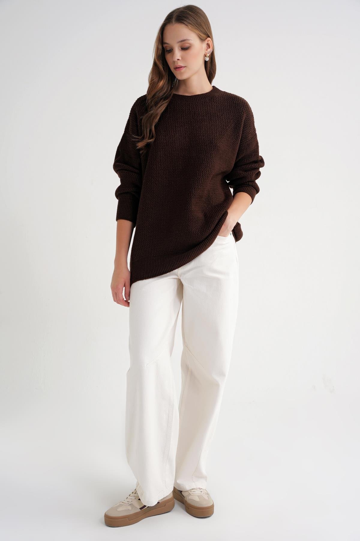 6949 Kadın Bisiklet Yaka İnce Örgülü Triko Kazak Kahve