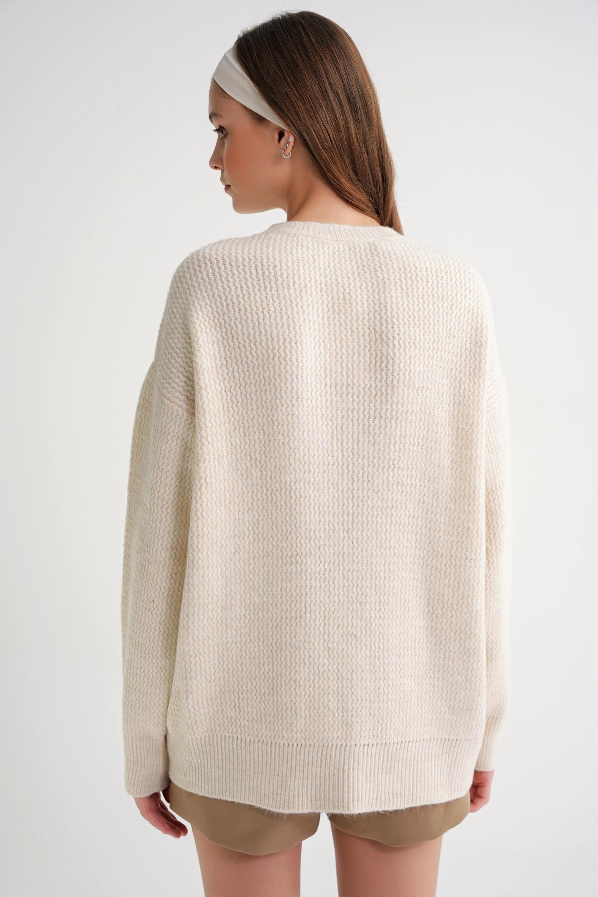 6949 Kadın Bisiklet Yaka İnce Örgülü Triko Kazak Naturel