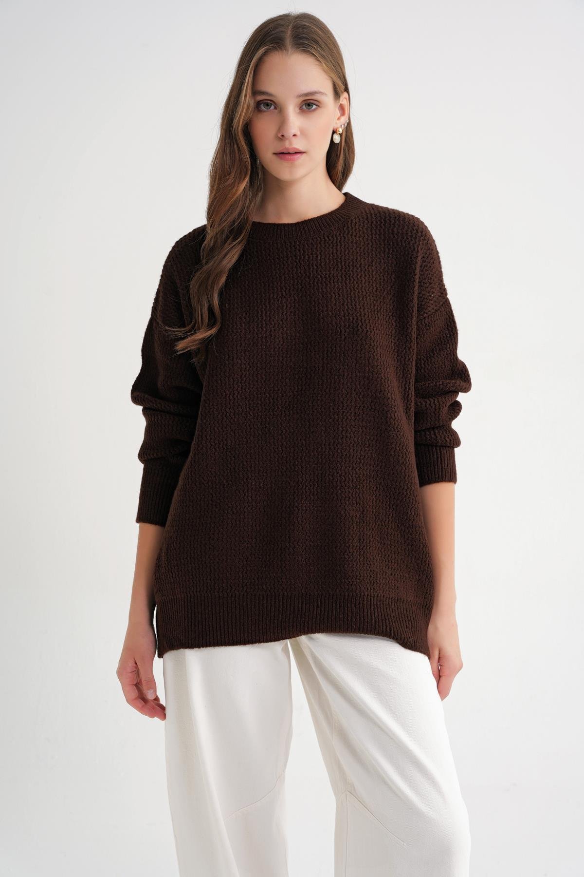 6949 Kadın Bisiklet Yaka İnce Örgülü Triko Kazak Kahve