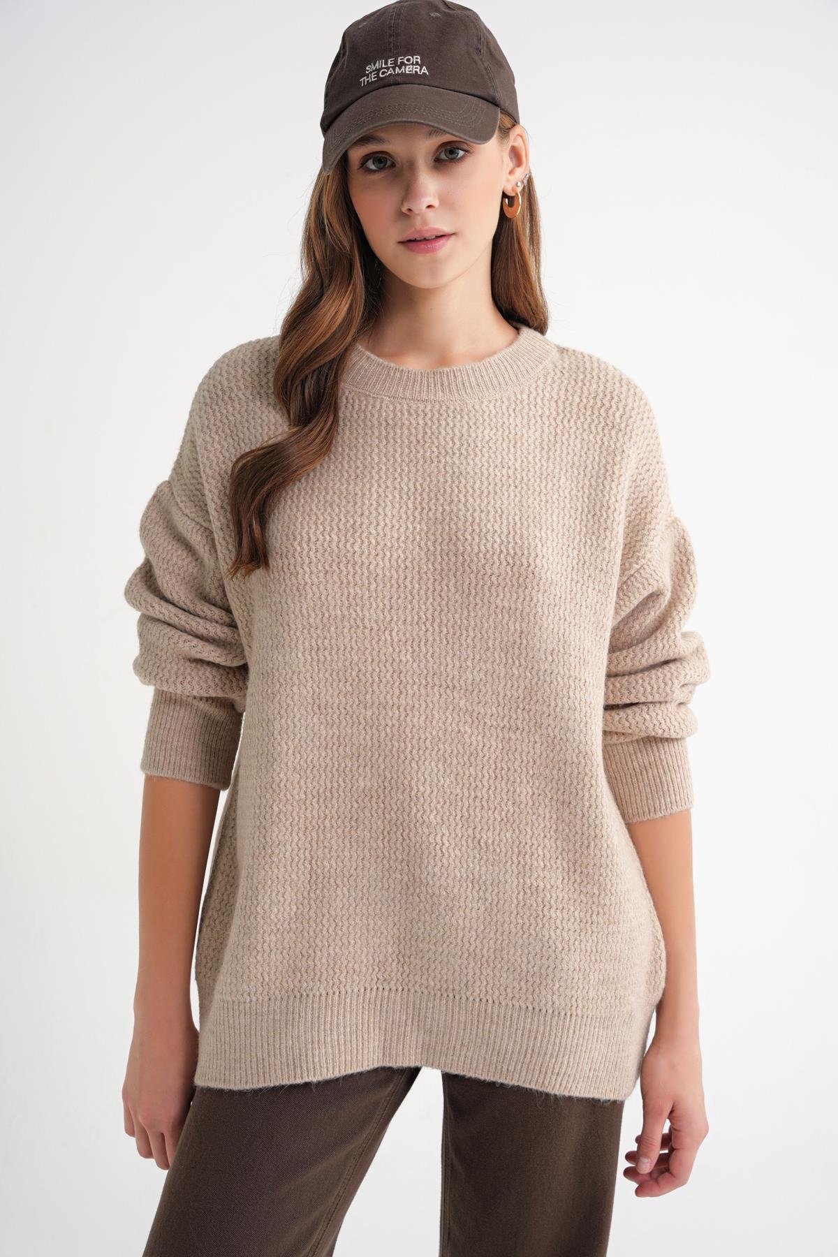 6949 Kadın Bisiklet Yaka İnce Örgülü Triko Kazak Bej