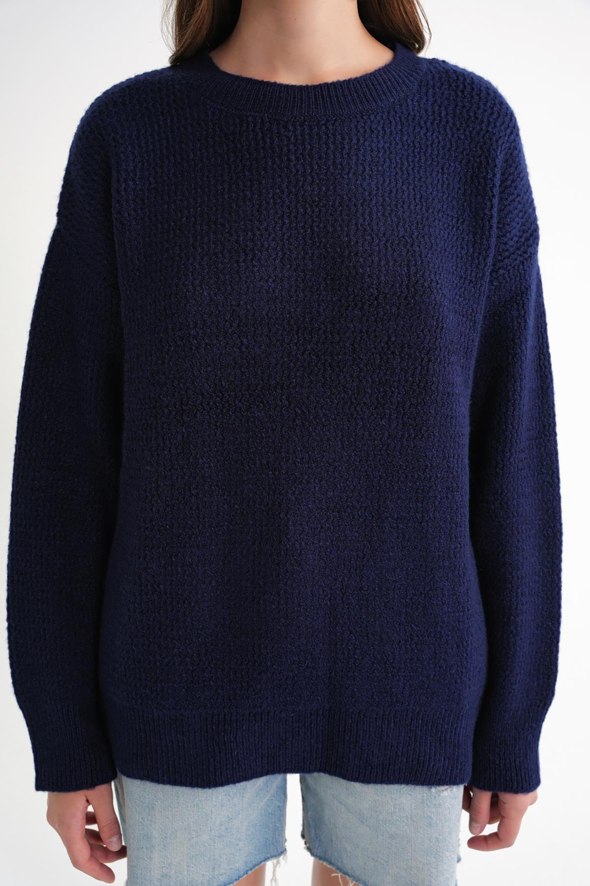 6949 Kadın Bisiklet Yaka İnce Örgülü Triko Kazak Lacivert