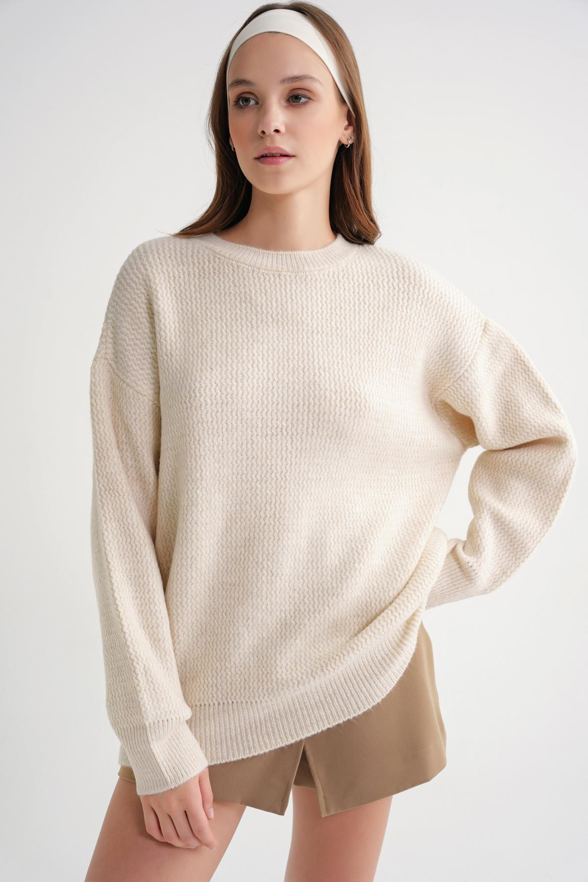 6949 Kadın Bisiklet Yaka İnce Örgülü Triko Kazak Naturel