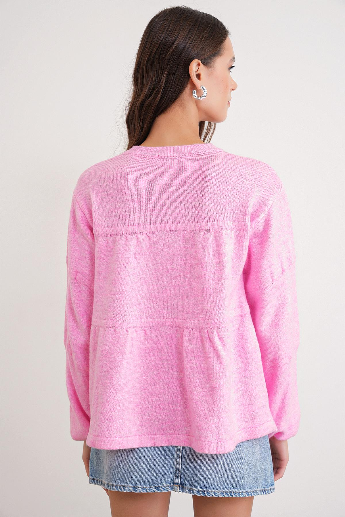 6950 Kadın Yakası Bağcıklı Pileli Triko Kazak Pembe