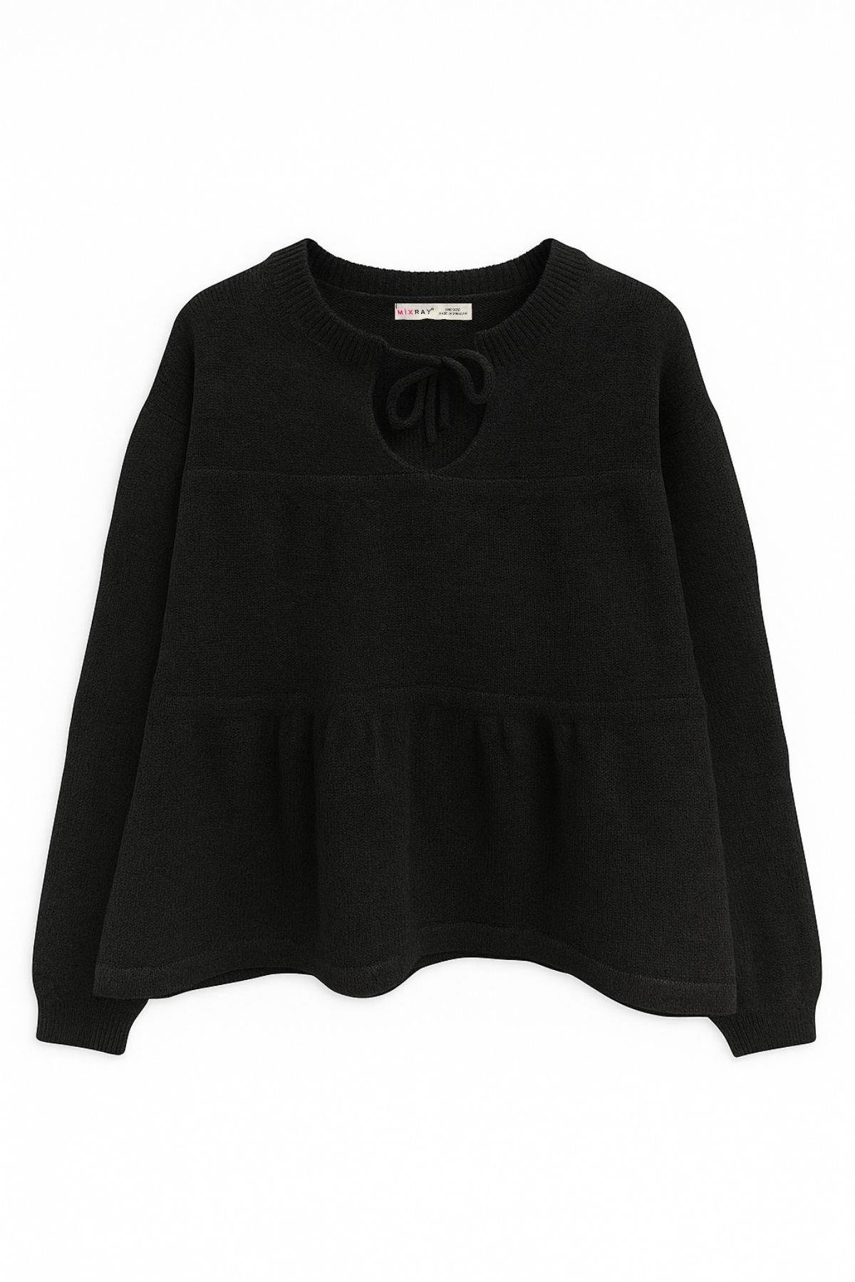 6950 Kadın Yakası Bağcıklı Pileli Triko Kazak Siyah