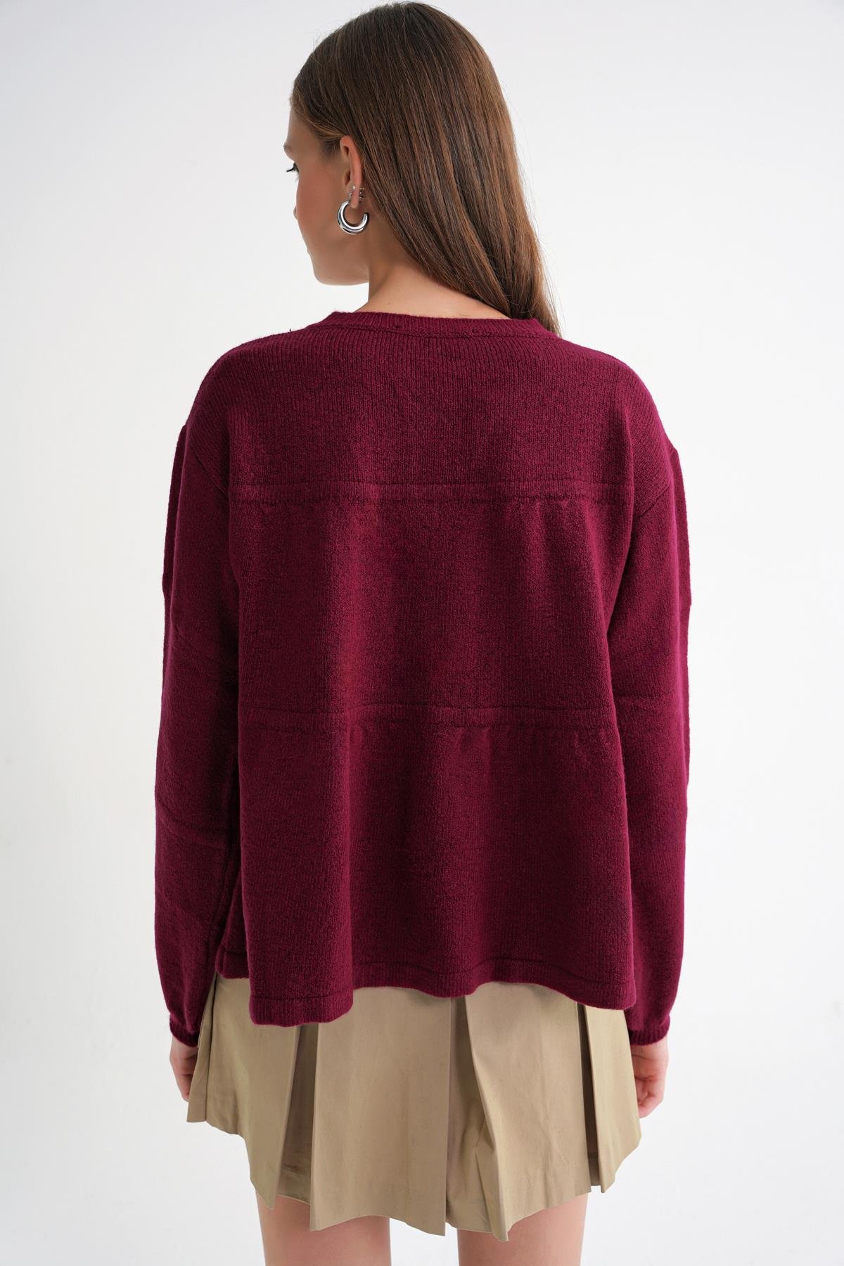 6950 Kadın Yakası Bağcıklı Pileli Triko Kazak Bordo