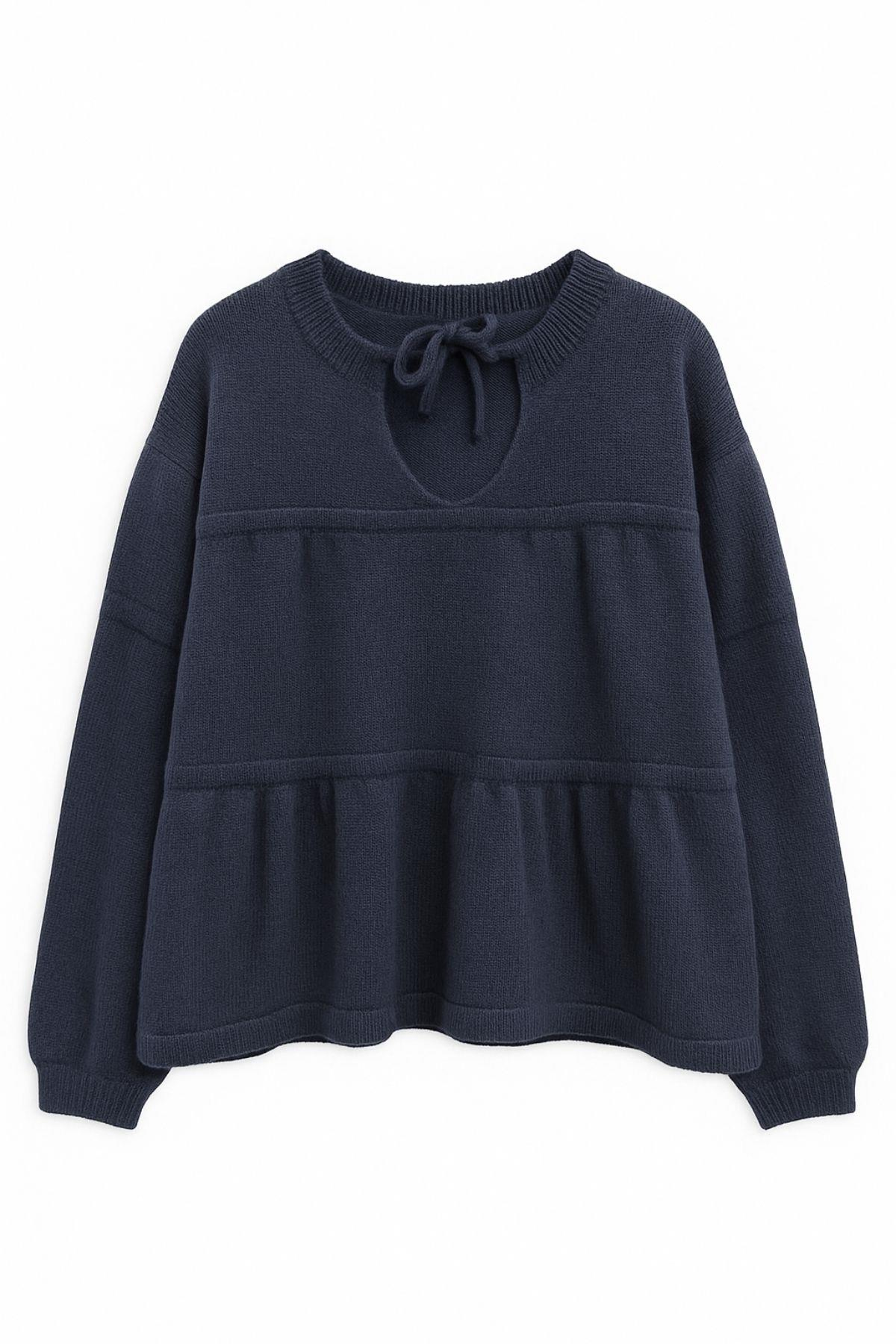 6950 Kadın Yakası Bağcıklı Pileli Triko Kazak Lacivert