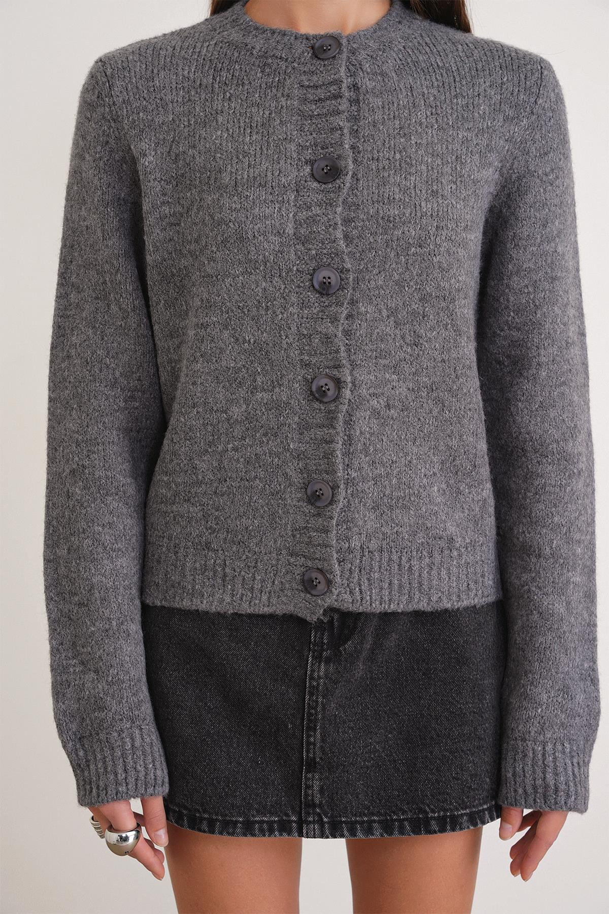 6951 Kadın Bisiklet Yaka Düğmeli Triko Kısa Hırka Antrasit