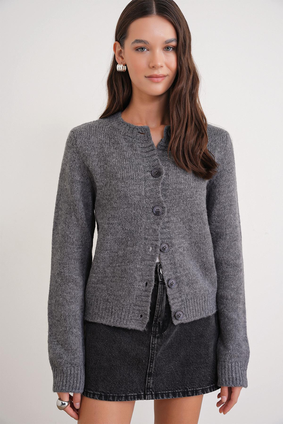 6951 Kadın Bisiklet Yaka Düğmeli Triko Kısa Hırka Antrasit