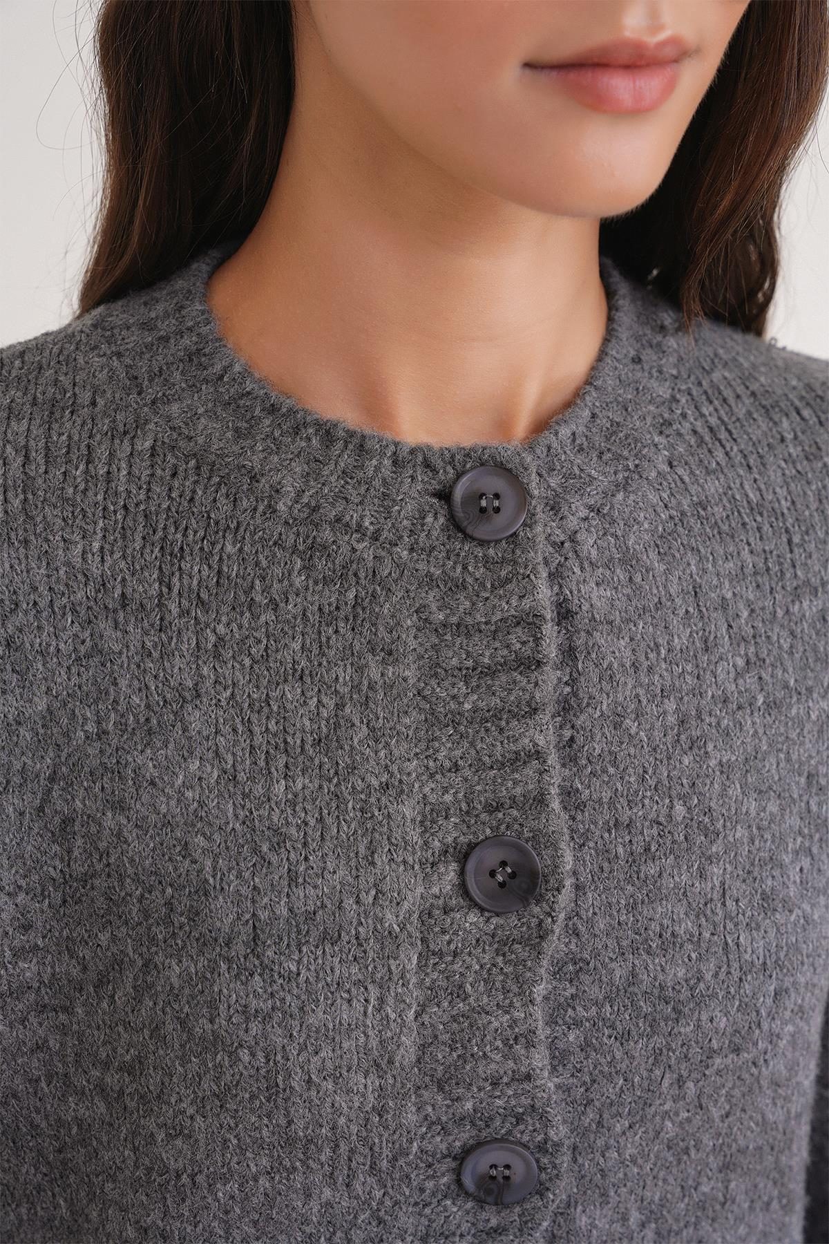 6951 Kadın Bisiklet Yaka Düğmeli Triko Kısa Hırka Antrasit